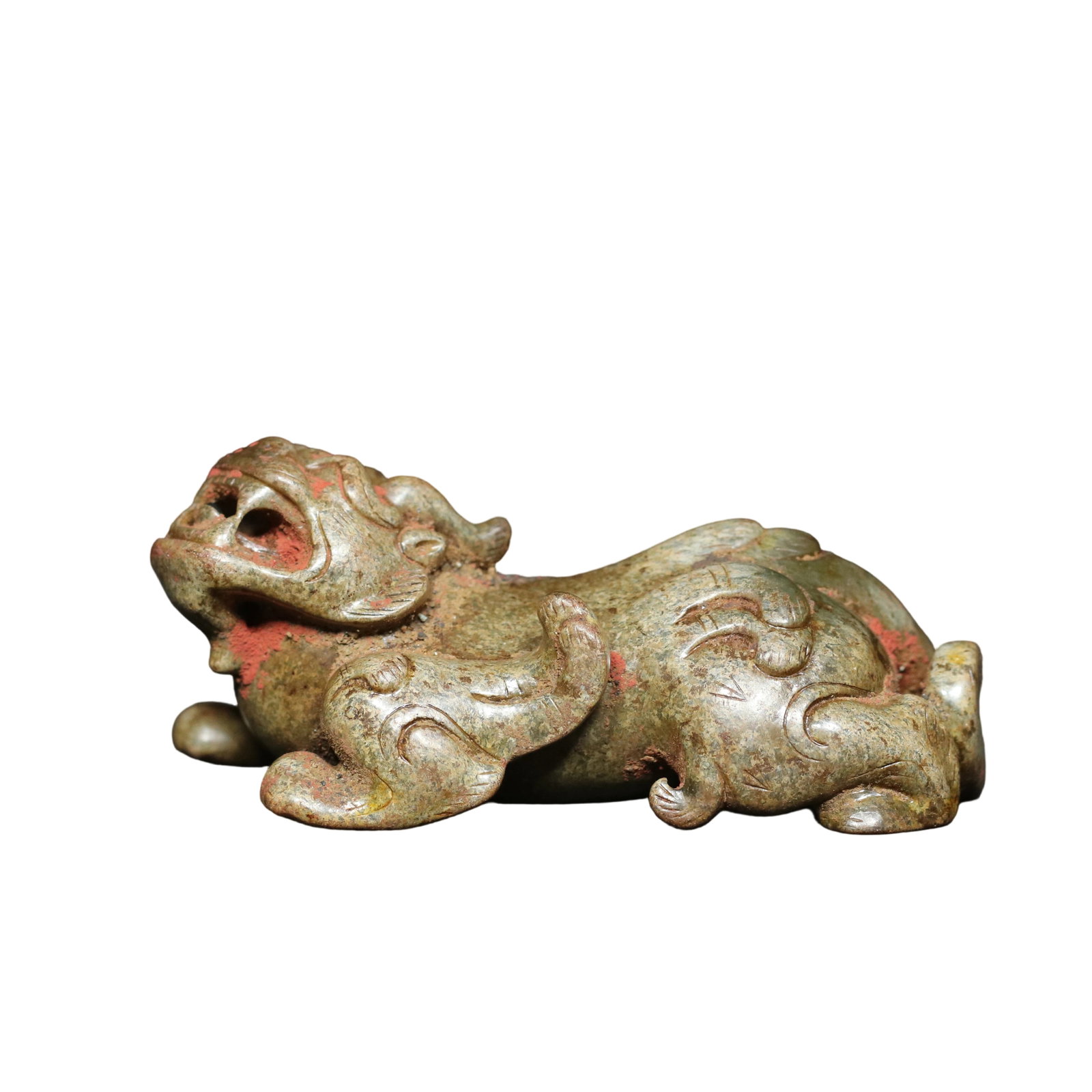 Han Dynasty Hetian Jade Mythical Beast Ornament: This Han Dynasty Hetian jade mythical beast ornament features exquisite craftsmanship and fine jade quality, with a patina that reflects the ancient artistry. The mythical beast is vividly shaped