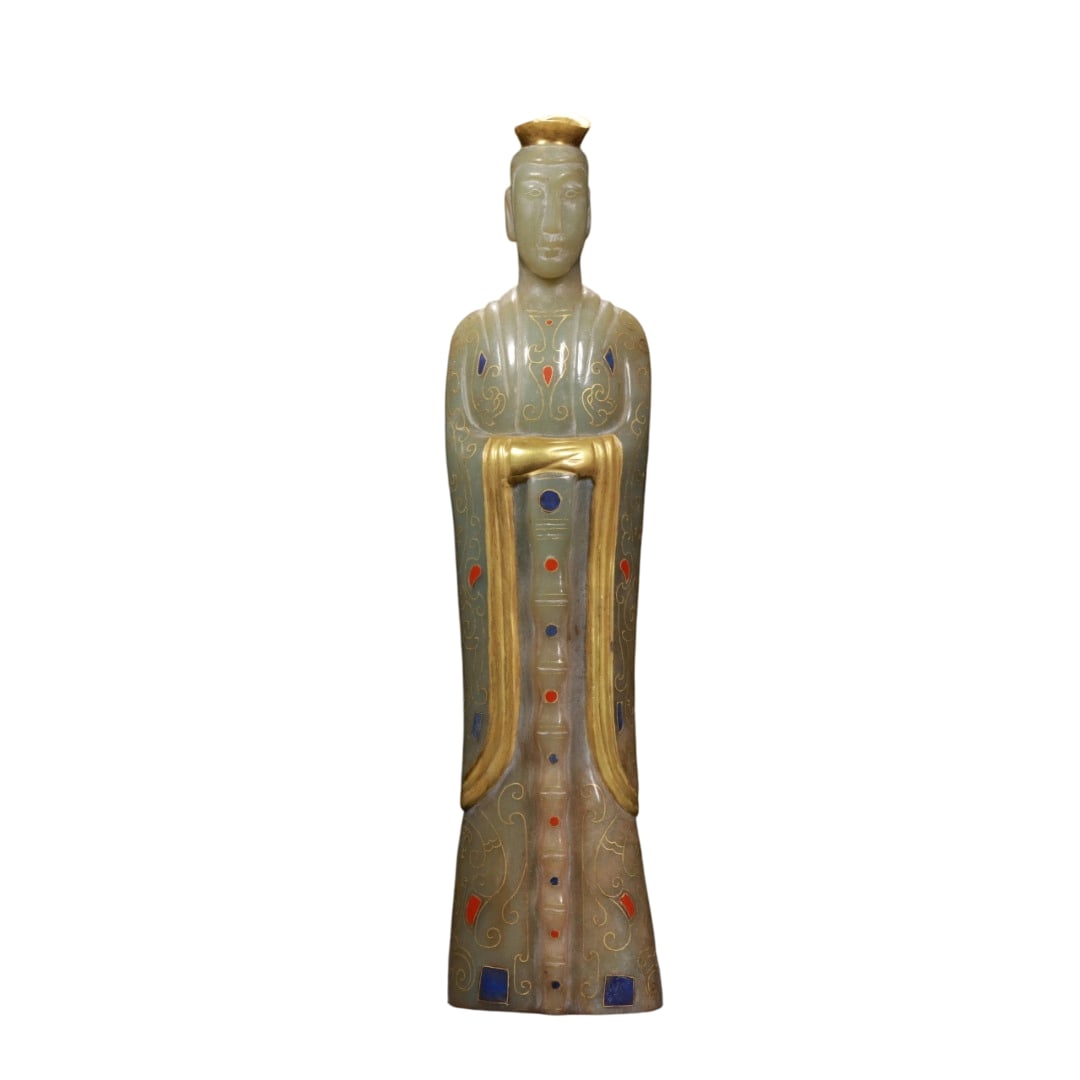 Gilt and Inlaid Gemstone Jade Official Figurine: This official figurine showcases exquisite craftsmanship with gilt and inlaid gemstone decoration. The figure wears a gilt crown, with hands folded within wide sleeves, standing upright and dignified.