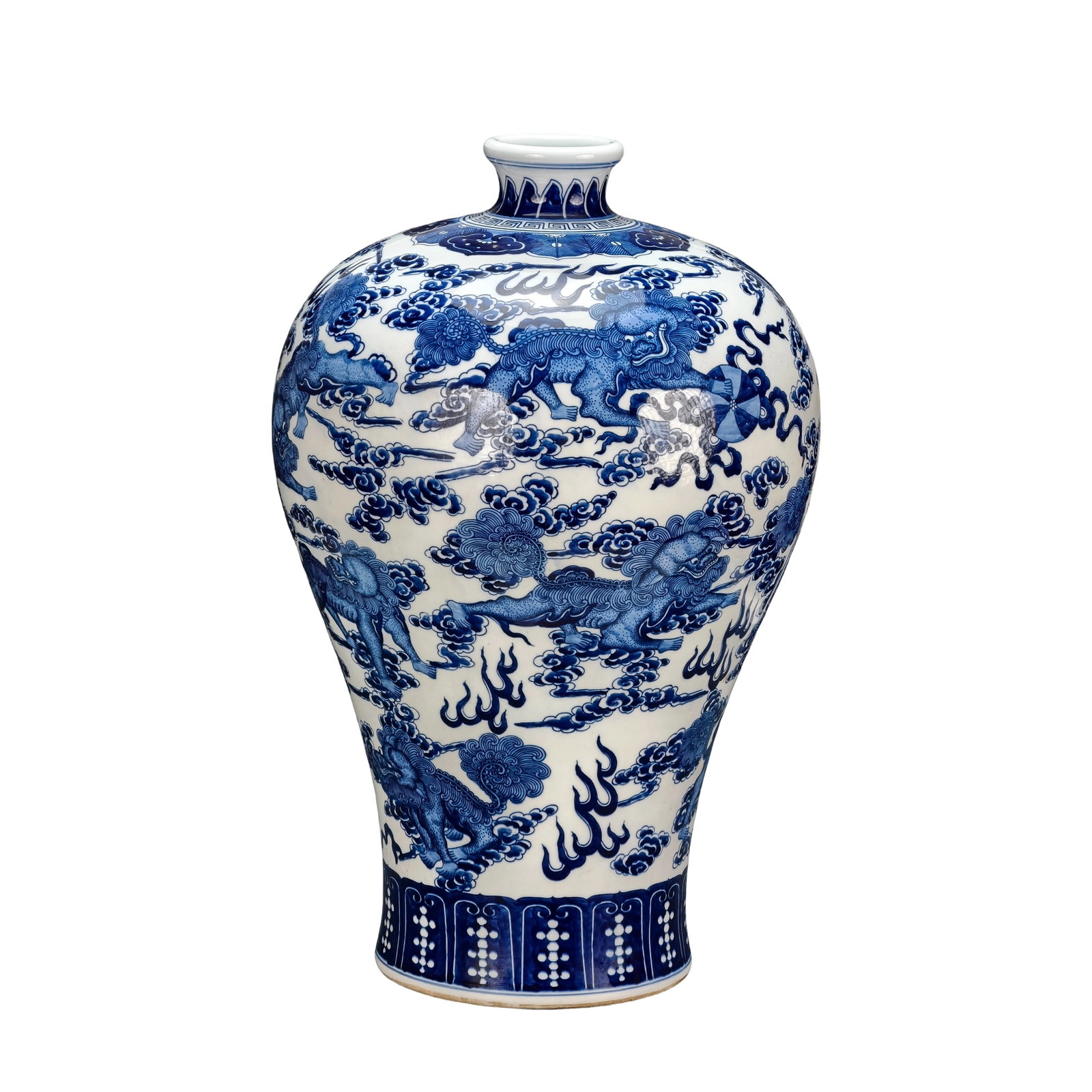 Qianlong Period Blue and White Lion Dance with Embroidered Ball Vase: This vase from the Qianlong period features a blue and white design with lion dance and embroidered ball motifs. The blue and white colors are deep and vivid, with clear and stable hues. The compositi