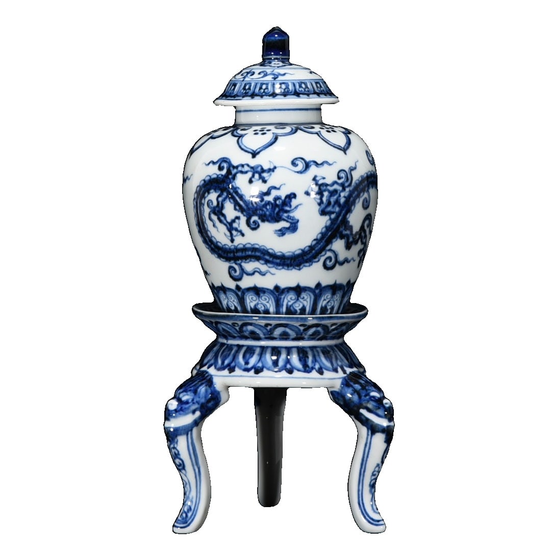 Ming Dynasty Blue and White Dragon Pattern Jar with Stand and Lid: This blue and white dragon pattern jar with stand and lid showcases the exquisite craftsmanship of the Xuande period of the Ming Dynasty. The blue and white colors are vivid, and the dragon pattern is