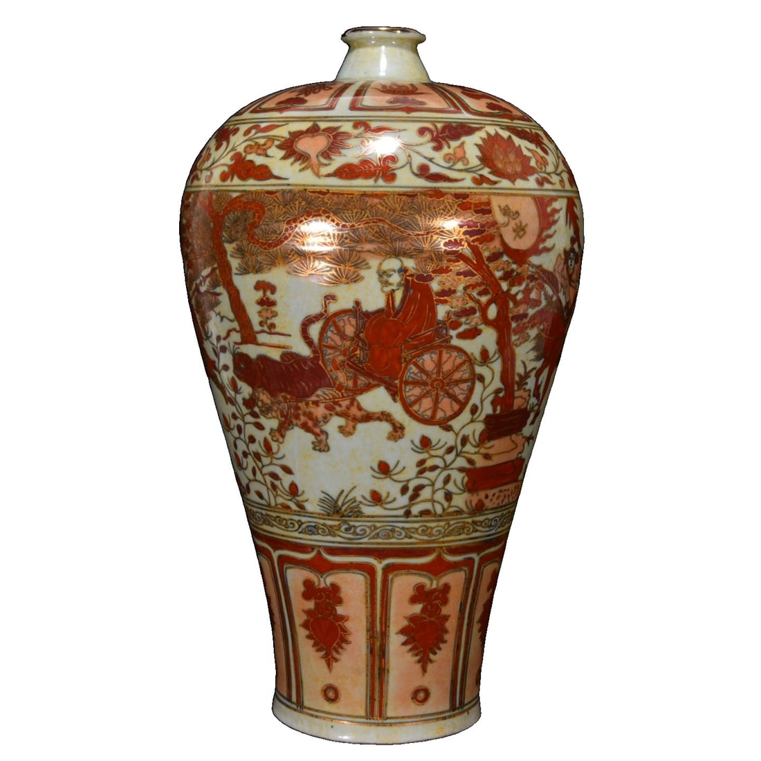 Yuan Dynasty Wucai Gilded Guiguzi Descending the Mountain Figure Meiping: This meiping features a vivid depiction of Guiguzi descending the mountain in wucai colors, with vibrant hues and exquisite gilding craftsmanship, showcasing the unique charm of Yuan Dynasty ceramics.