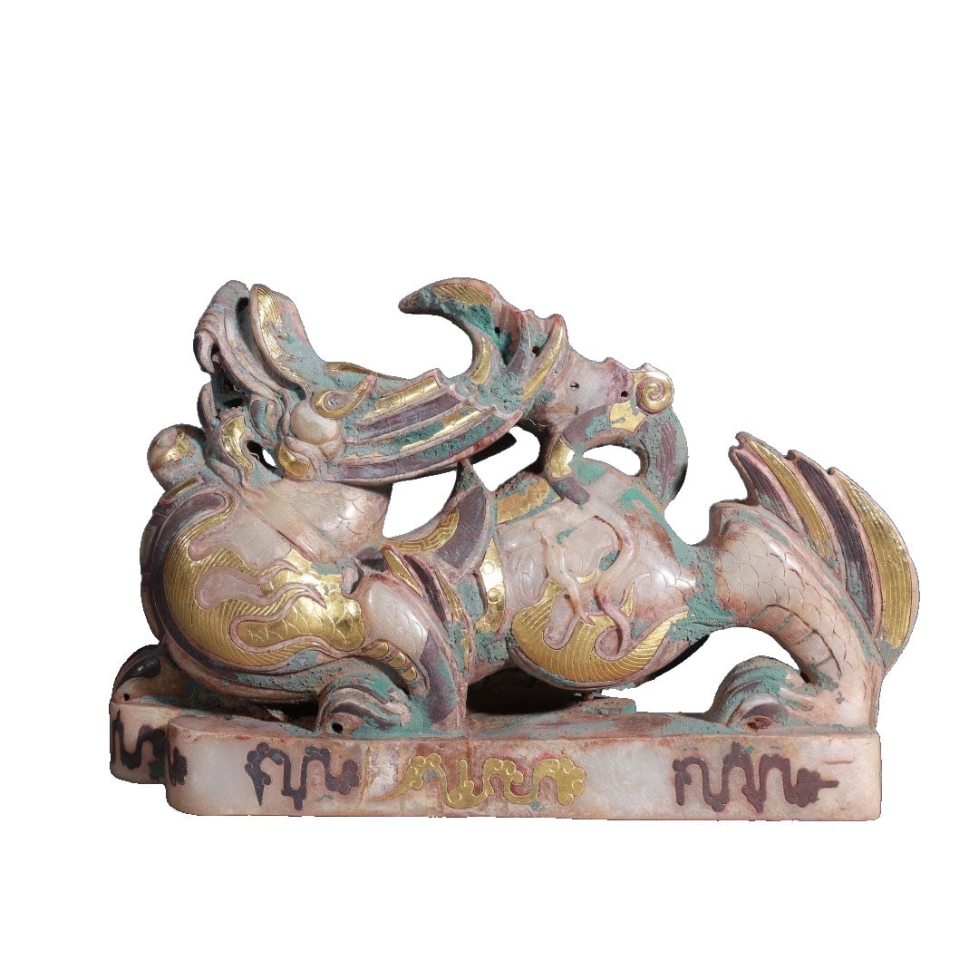 Warring States to Han Dynasty Hetian White Jade Inlaid Gold and Silver Round Carved Qilin Auspicious: This Hetian white jade ornament, crafted with inlaid gold and silver technique, embodies the majesty and auspiciousness of the Qilin beast. The jade is warm and delicate, with exquisite carving and sm