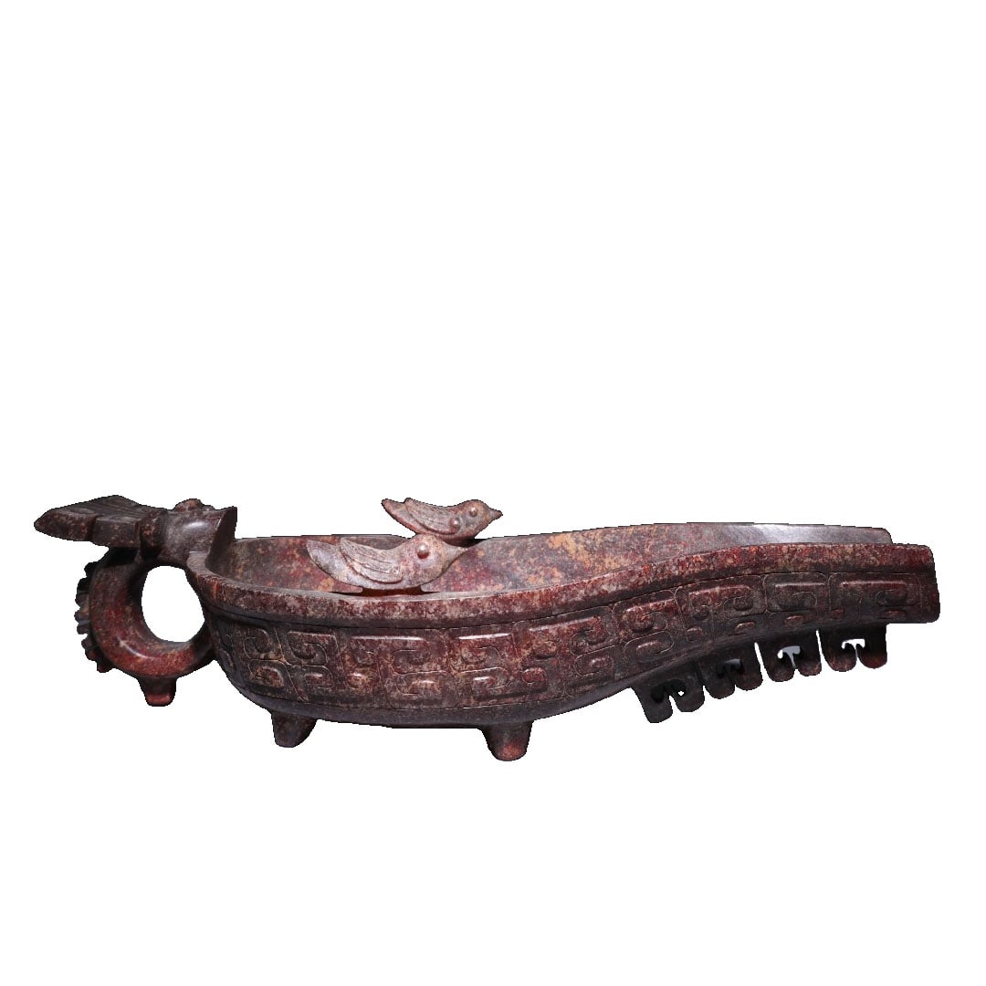Spring and Autumn Period Hetian Jade Round Carved Dragon Handle Double Bird Wine Vessel: This Hetian jade wine vessel, crafted with round carving technique, features a harmonious design of dragon handle and double birds, reflecting the artistic style of the Spring and Autumn Period. The