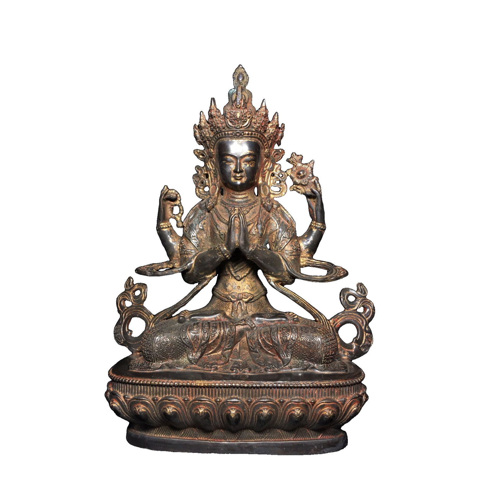Exquisite Copper Four-Armed Tara Buddha Statue: This Four-Armed Tara Buddha statue is crafted from exquisite copper, showcasing a unique design and fine craftsmanship. The patina adds a sense of age and depth. The intricate details are truly
