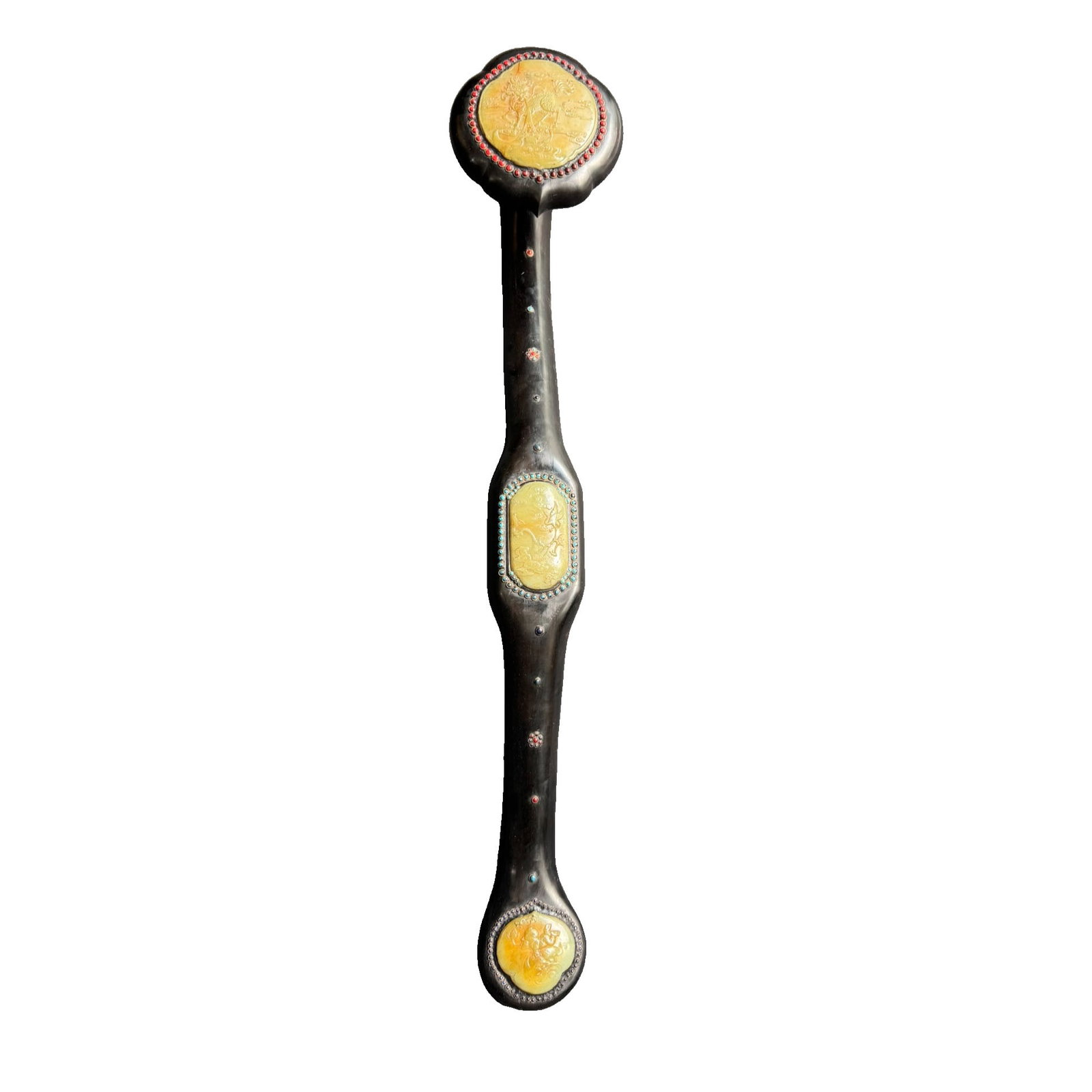 Zitan Wood Inlaid Hetian Jade Ruyi: This Zitan wood Ruyi is inlaid with three pieces of Hetian jade, featuring a warm texture and exquisite craftsmanship. Each jade surface is adorned with cloud and dragon patterns, with red and blue