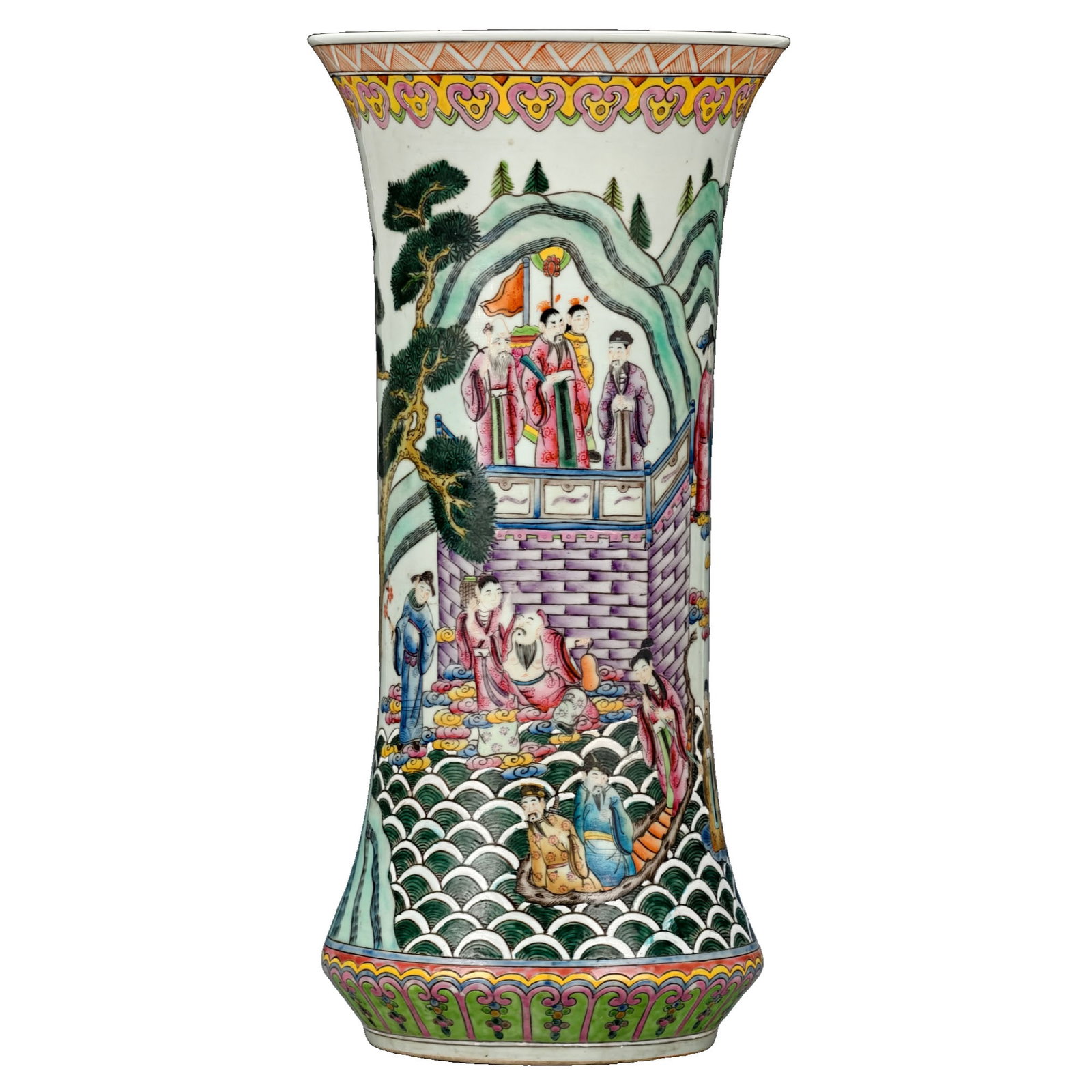Kangxi Period Famille Rose 'Eight Immortals' Story Vase: This vase from the Kangxi period is a fine example of a folk kiln piece, featuring famille rose paintings of the 'Eight Immortals' story. The composition is full yet well-layered, with intricate yet o