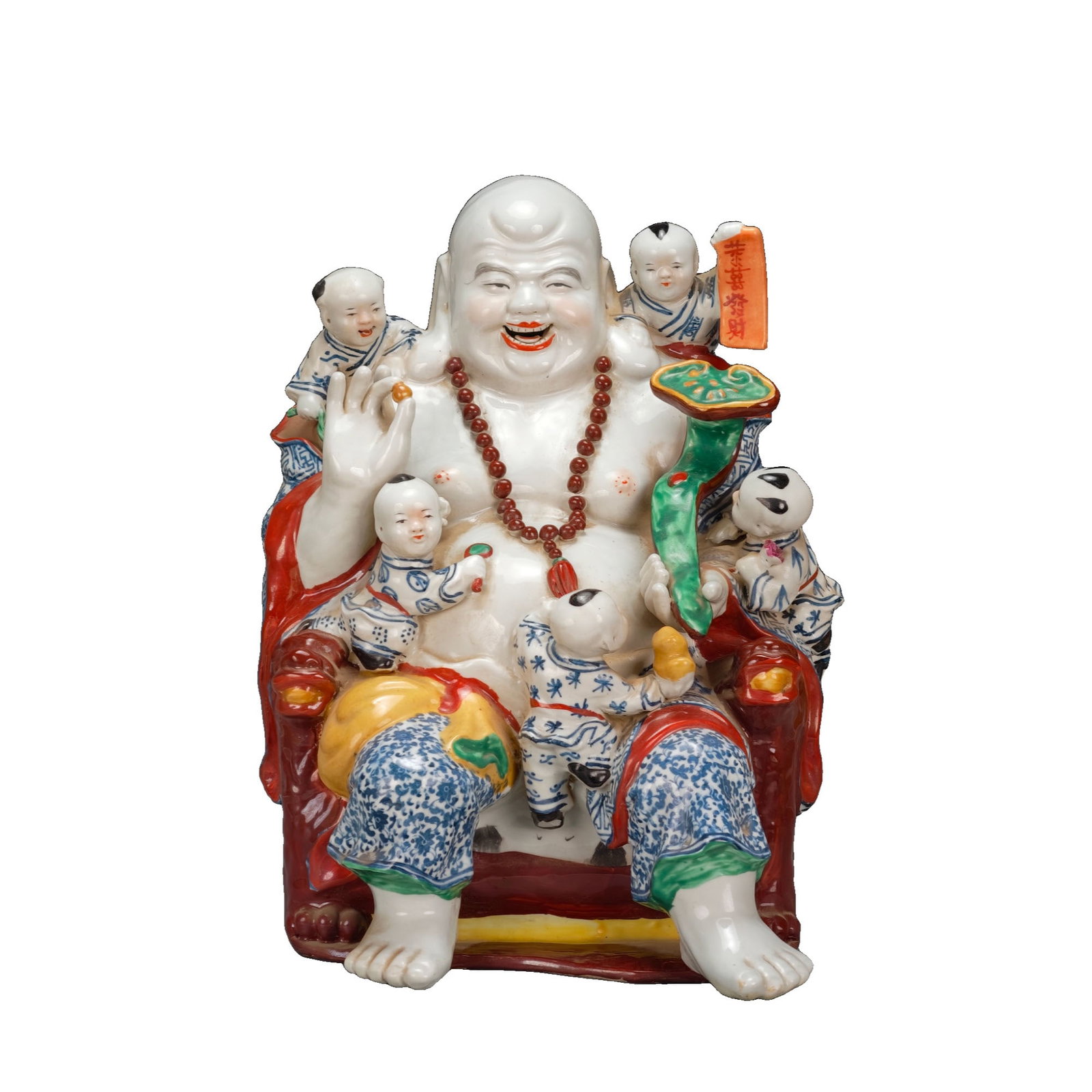 Blue and White Maitreya Buddha with Five Children Figurine: The Buddha's face is delicately kind, vividly lifelike, and full of dynamic charm. The Maitreya Buddha is depicted with a wide smile, embodying great capacity and inclusiveness. The entire figure is a