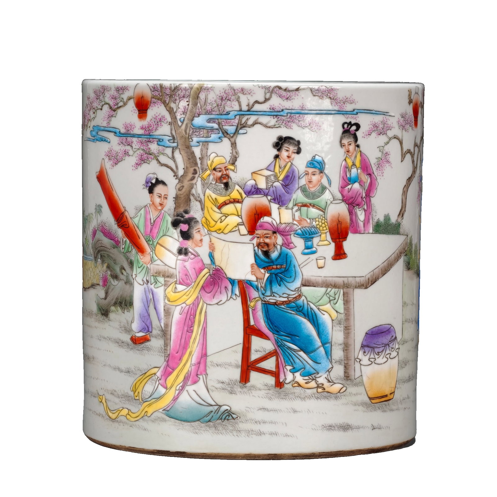 Famille Rose Brush Pot with Peach Forest Banquet Scene: This brush pot, created by Wang Dafan, one of the Eight Friends of Zhushan, features a full-scene depiction of the 'Peach Forest Banquet' story. The application of colors is layered, providing a