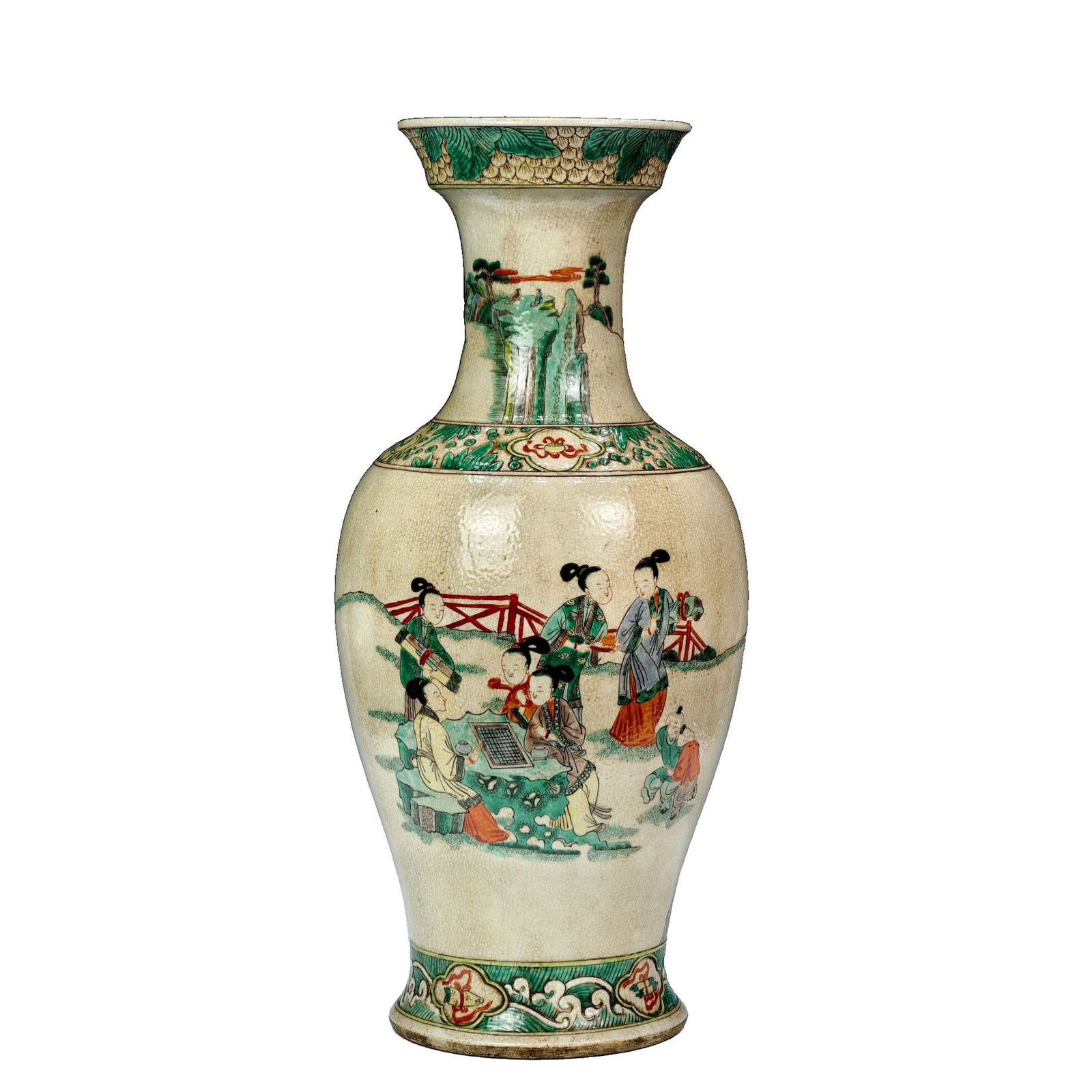 Kangxi Famille-verte Story Scene Vase with Ladies: This Kangxi period famille-verte vase features a rich glaze with deep colors, showcasing the unique charm of Ge glaze. The vase is fully covered with crackles, with yellowish tinges in the layers,