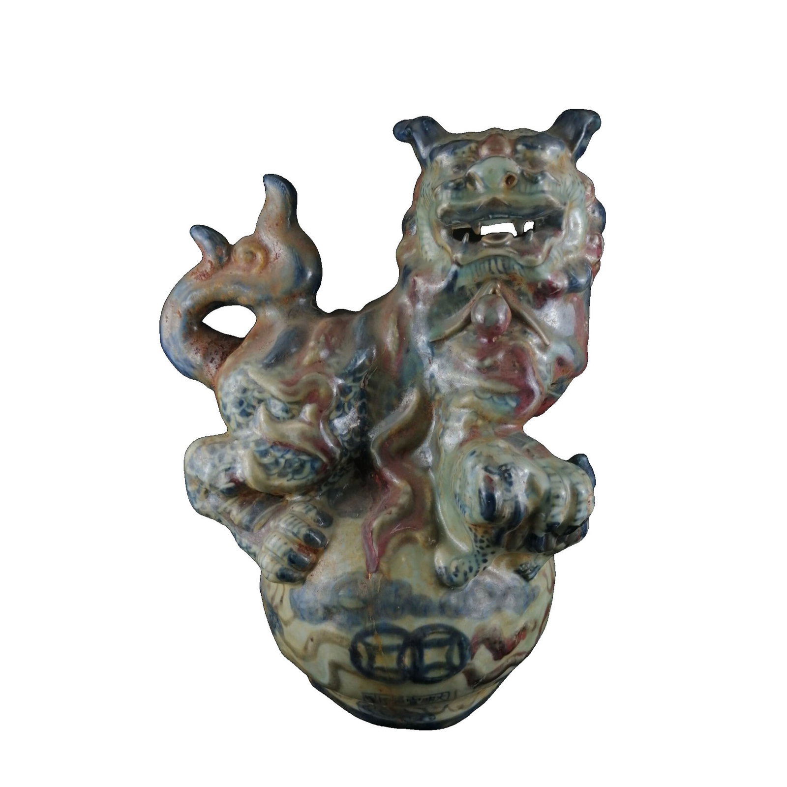 Yuan Dynasty Blue and White Underglaze Red Lion Playing Ball Figurine: This Yuan Dynasty blue and white underglaze red lion playing ball figurine features a vivid design, with the lion's majestic demeanor and the ball's exquisite patterns showcasing the superb craftsmans
