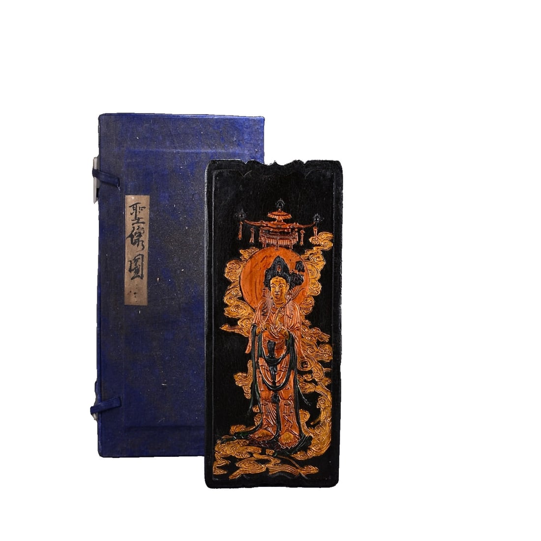 Huizhou Old Ink Block with Sacred Image Design: This Huizhou old ink block is renowned for its exquisite sacred image design, showcasing the superb craftsmanship of traditional Huizhou ink-making. The ink block is well-preserved with a natural pati