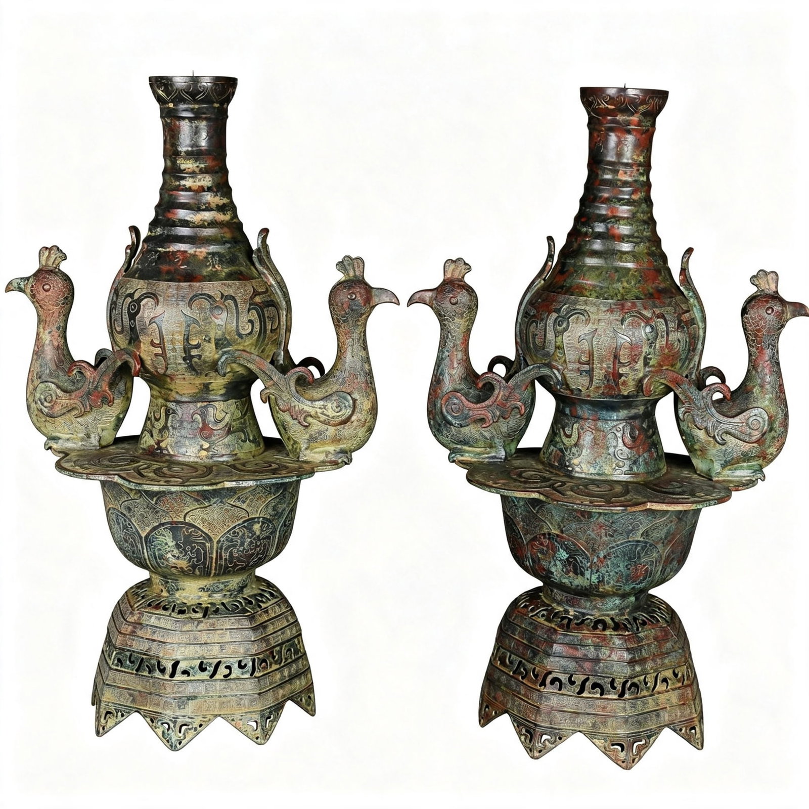 Warring States Bronze Double Phoenix Lampstand: This pair of Warring States period bronze double phoenix lampstands features an elegant design and exquisite craftsmanship, showcasing the advanced techniques of ancient bronze ware. The double