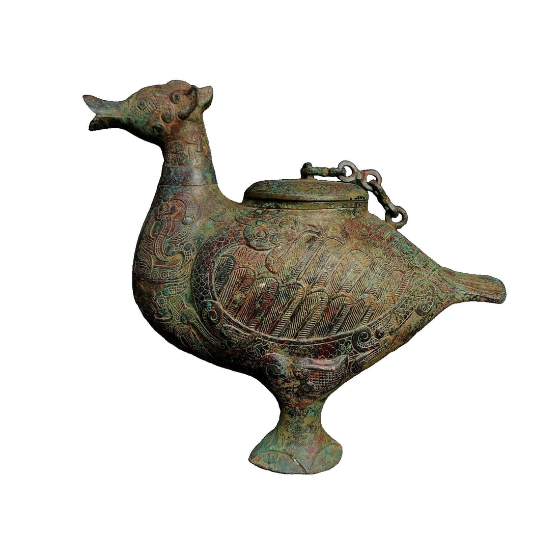 Shang-Zhou Bronze Duck-shaped Vessel: This bronze duck-shaped vessel from the Shang-Zhou period showcases the exquisite craftsmanship of bronze ware from that era. The vessel features smooth lines and vivid details, making it highly
