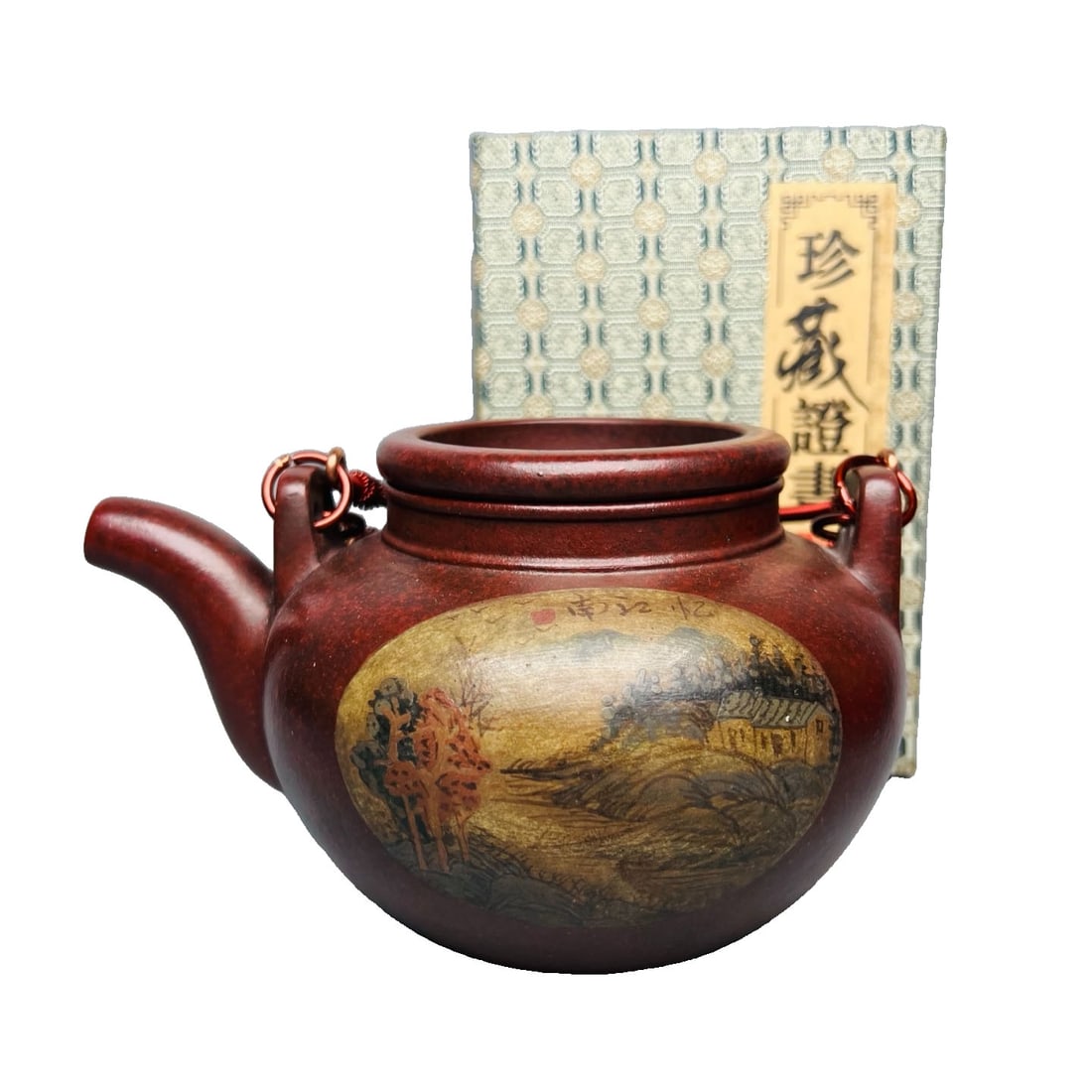 Yixing Zisha Original Dragon Blood Sand Egg-shaped Teapot with Handle 420cc: This teapot is crafted by renowned Yixing Zisha artist Wu Yungen, using precious original dragon blood sand, with a deep and textured color. The egg-shaped design with a handle is unique, combining pr