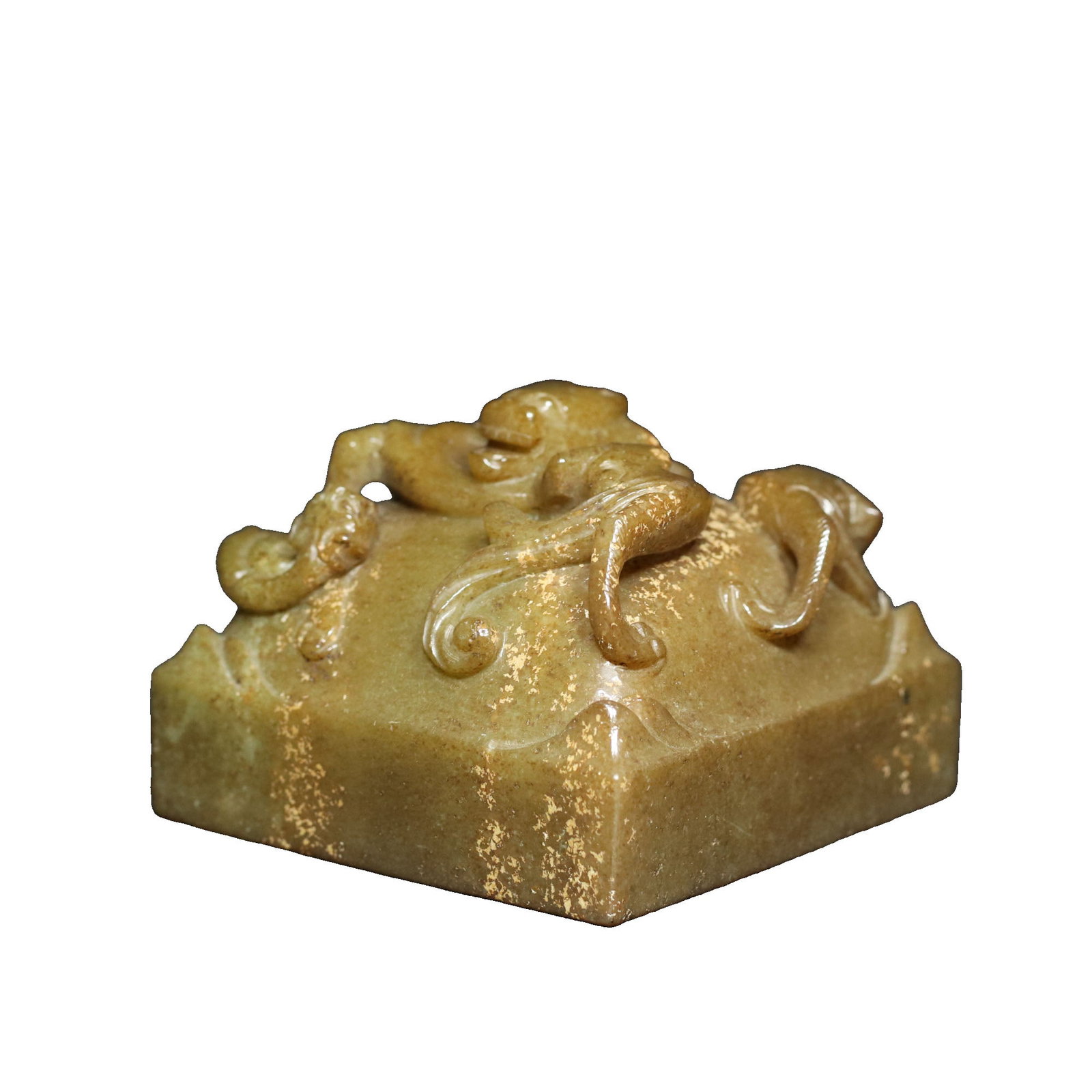 Han Dynasty Hetian Jade Seal with Dragon Knob and Bird-Worm Script: This seal from the Han Dynasty is carved from Hetian jade, featuring a dragon knob and bird-worm script. The craftsmanship is exquisite, with fine jade quality and a well-aged patina, making it highly