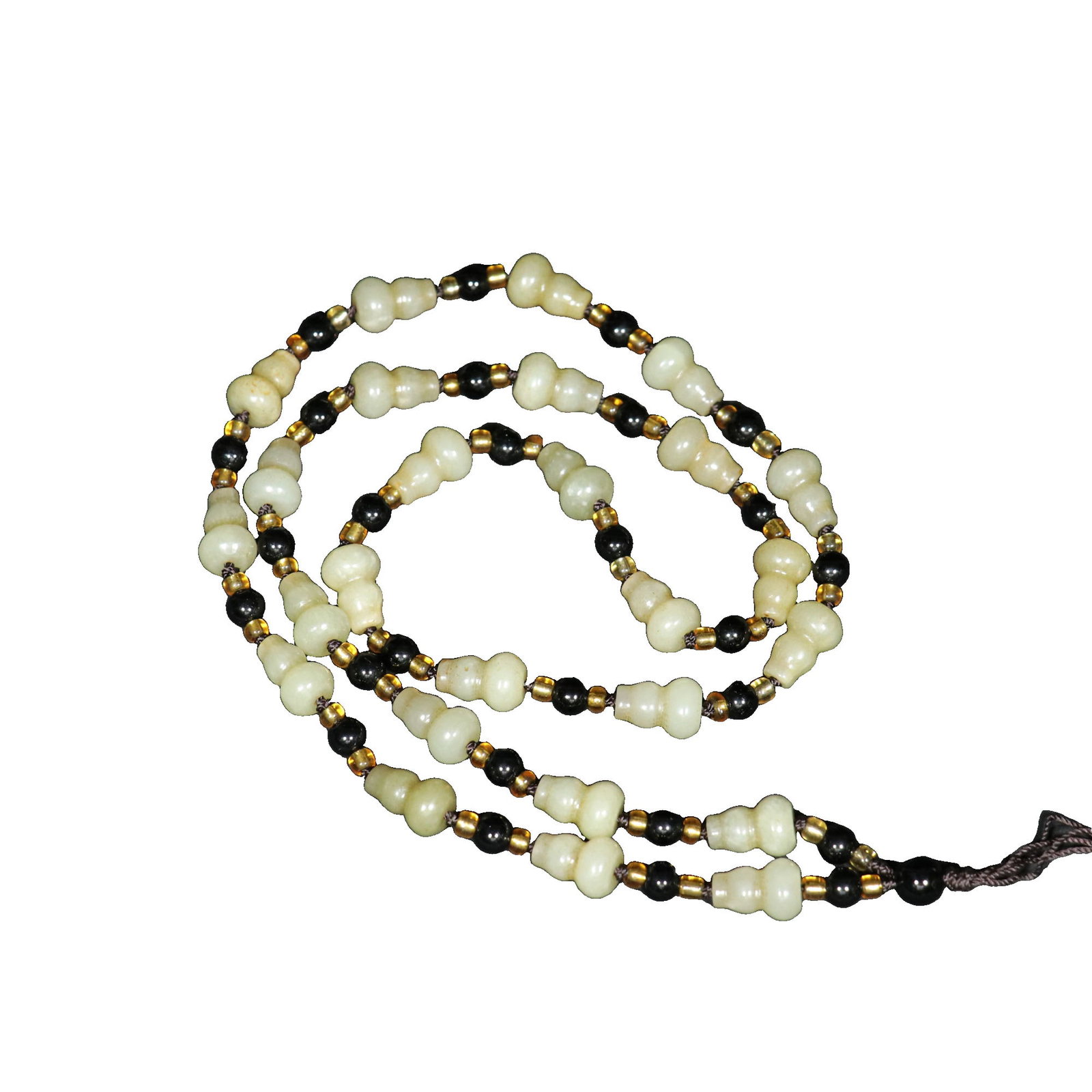 Qing Dynasty Hetian Jade Gourd Necklace: This Qing Dynasty Hetian jade necklace consists of 26 gourd-shaped beads, showcasing exquisite craftsmanship and fine jade quality with an aged patina. Each gourd is meticulously carved, reflecting th