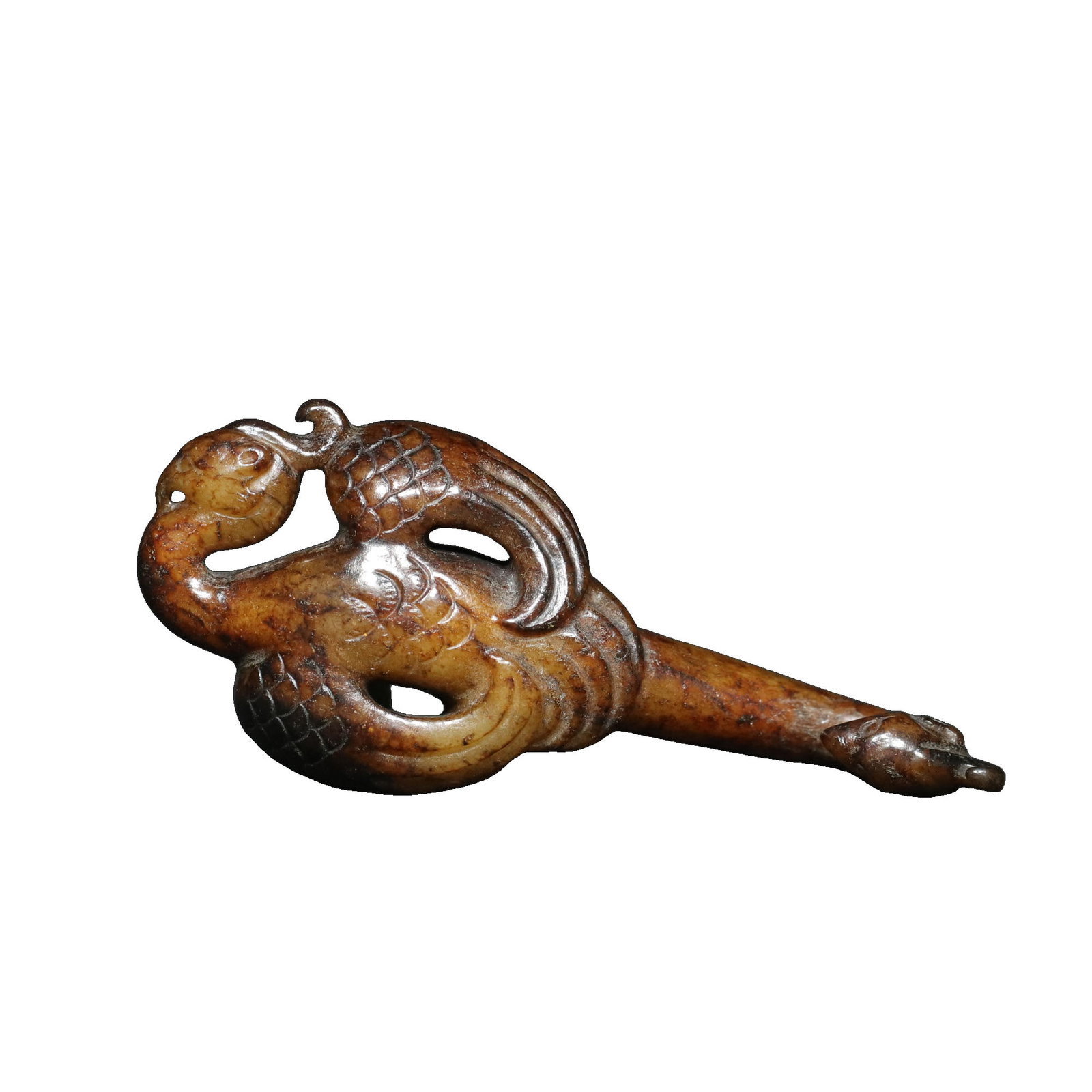 Hetian Jade Phoenix Head with Phoenix Pattern Belt Hook: This Hetian jade belt hook features exquisite craftsmanship and fine jade quality, with a patina that speaks to its age. The combination of the phoenix head and phoenix pattern symbolizes auspiciousne