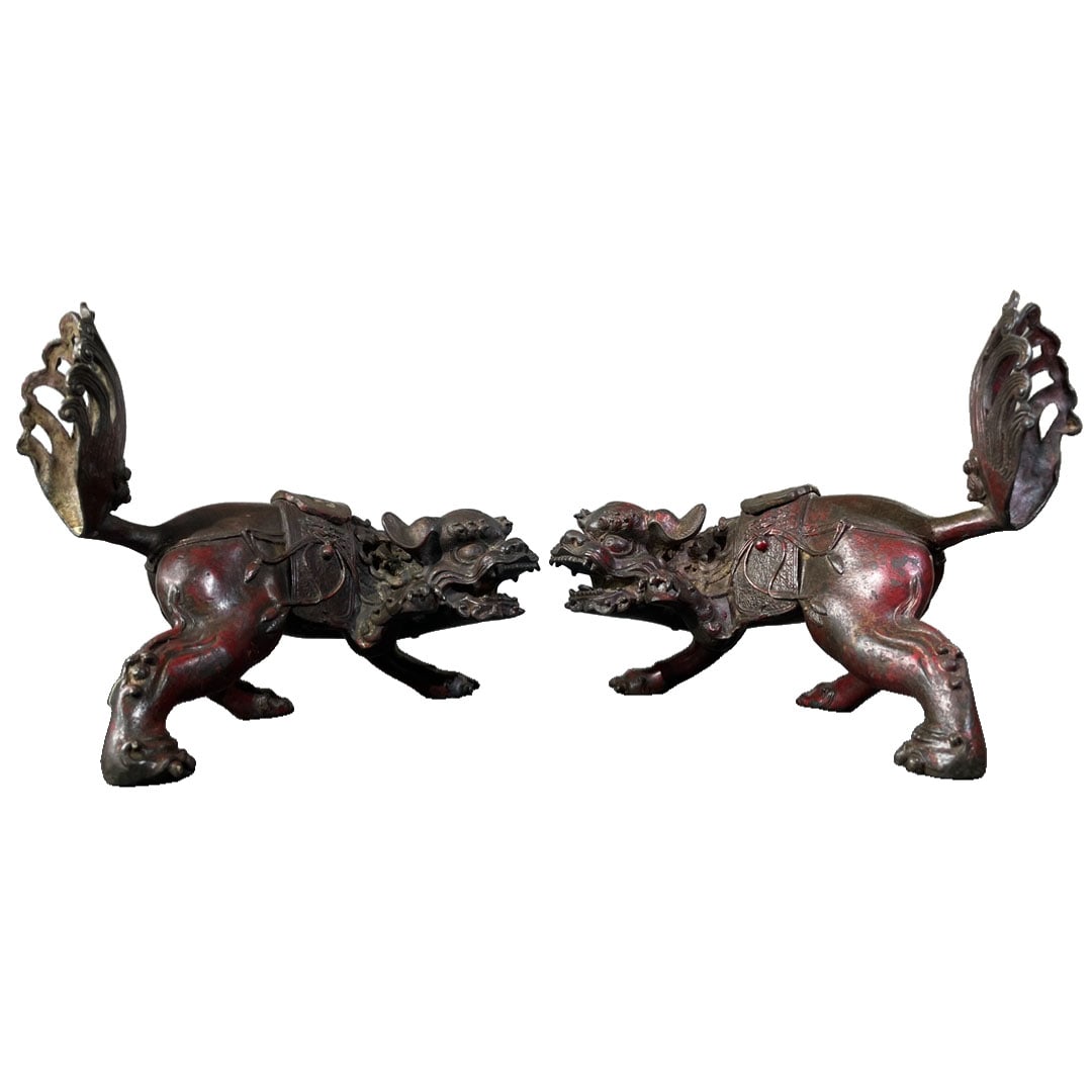 Pair of Pure Copper Gilded Fortune Lion Incense Burners: This pair of incense burners is crafted from pure copper with exquisite gilding, featuring unique and lively lion designs symbolizing fortune and prosperity. The robust form makes it ideal for collect