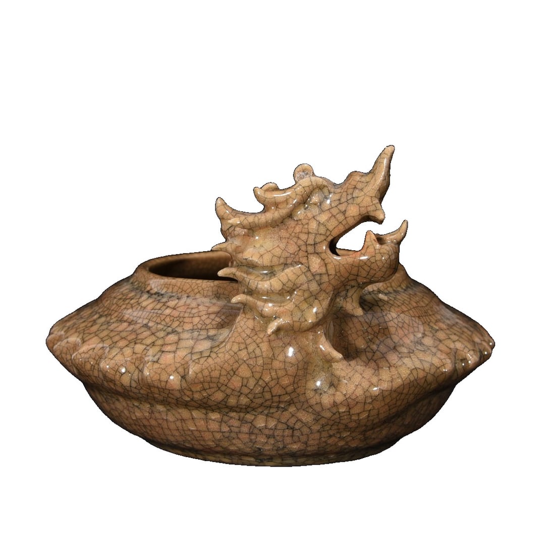 Song Dynasty Ge Kiln Dragon Head Washer: This Song Dynasty Ge Kiln dragon head washer features a warm glaze and natural crackle, showcasing the unique rustic beauty of Ge Kiln. The dragon head is vividly shaped with exquisite craftsmanship, 