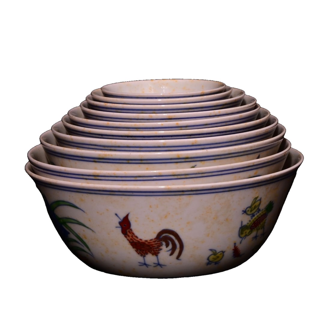 Ming Chenghua Red Body Doucai Chicken Pattern Cup Set: This cup set is a red body Doucai work from the Ming Chenghua period, featuring lively chicken patterns with vibrant colors and exquisite craftsmanship. Chenghua Doucai is highly esteemed for its