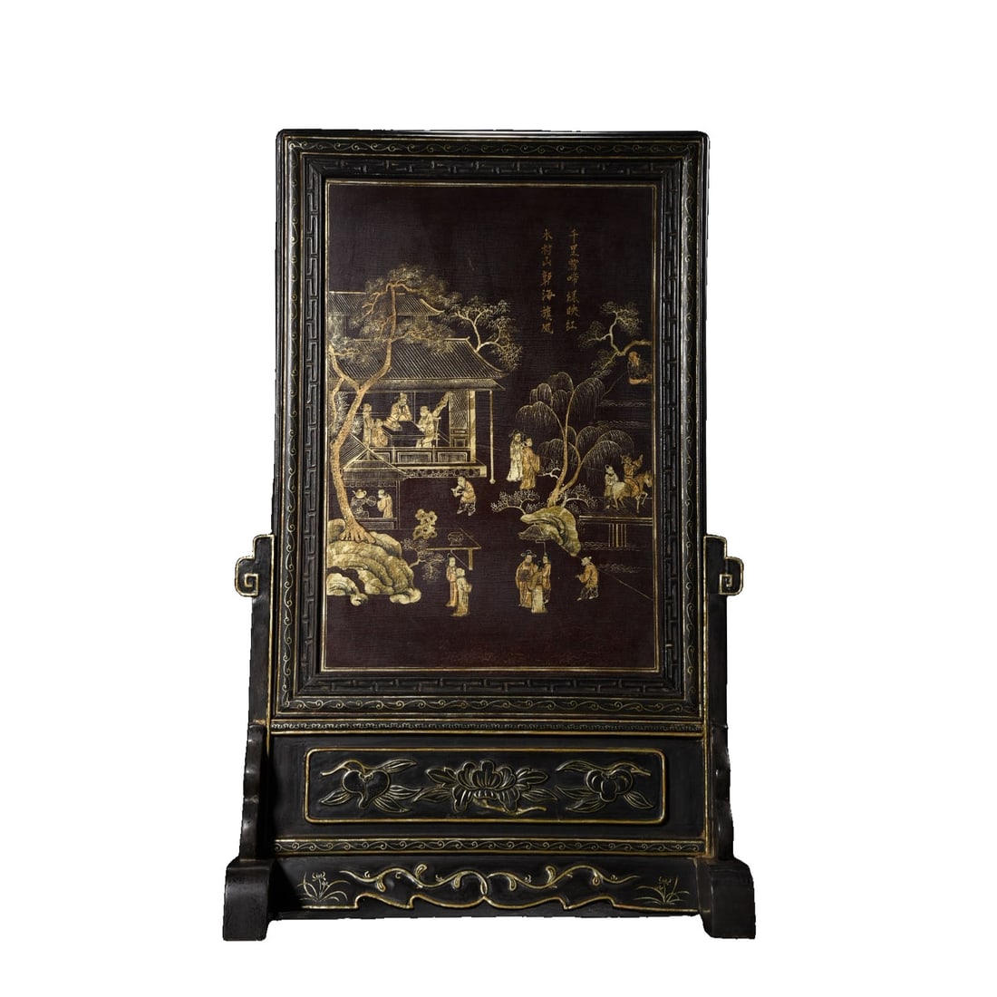 Old Wood Core Lacquer Screen with Gold Painted Story and Poem: This screen features an old wood core with gold-painted lacquer craftsmanship, depicting a story and poem that complement each other, showcasing the exquisite skills of traditional craftsmanship.