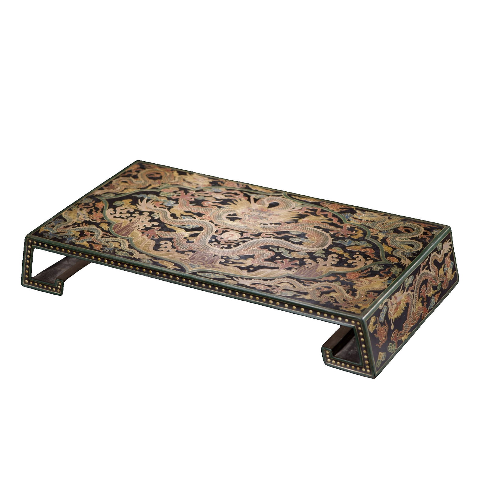 Old Wooden Lacquered Table with Gold Dragon Design: This piece is a wooden table with a lacquered surface, featuring a gold dragon design. The craftsmanship is exquisite, and the motifs are vivid. The overall shape is simple and elegant, exuding a