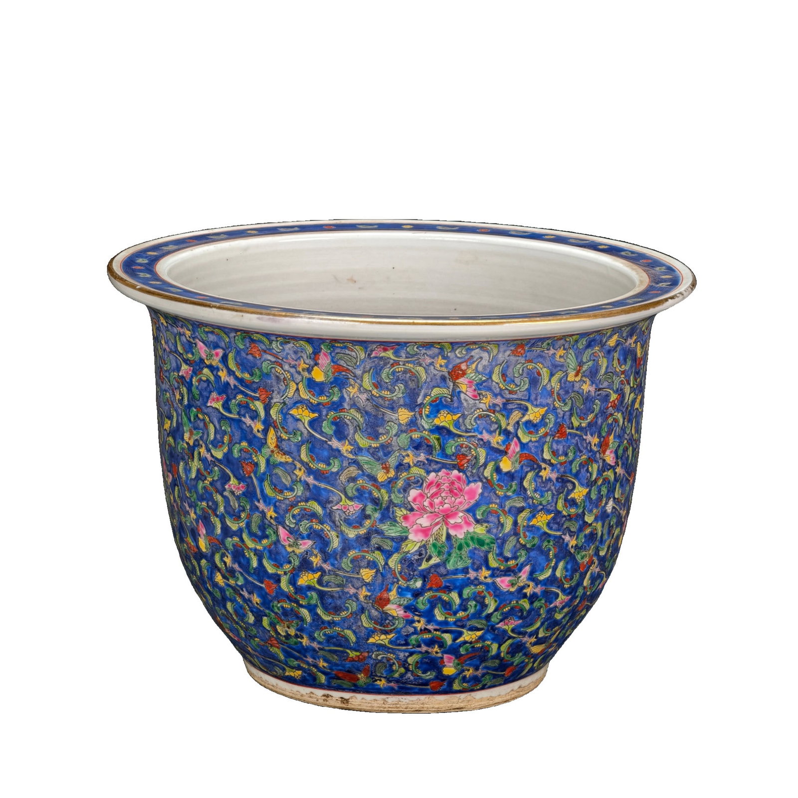 Late Qing Dynasty Blue Ground Famille Rose 'Butterfly and Flower' Large Planter: This planter is exquisitely crafted with a flared trumpet shape and gold-edged rim, featuring smooth and full lines. The entire surface is decorated with famille rose 'Butterfly and Flower' motifs, wi
