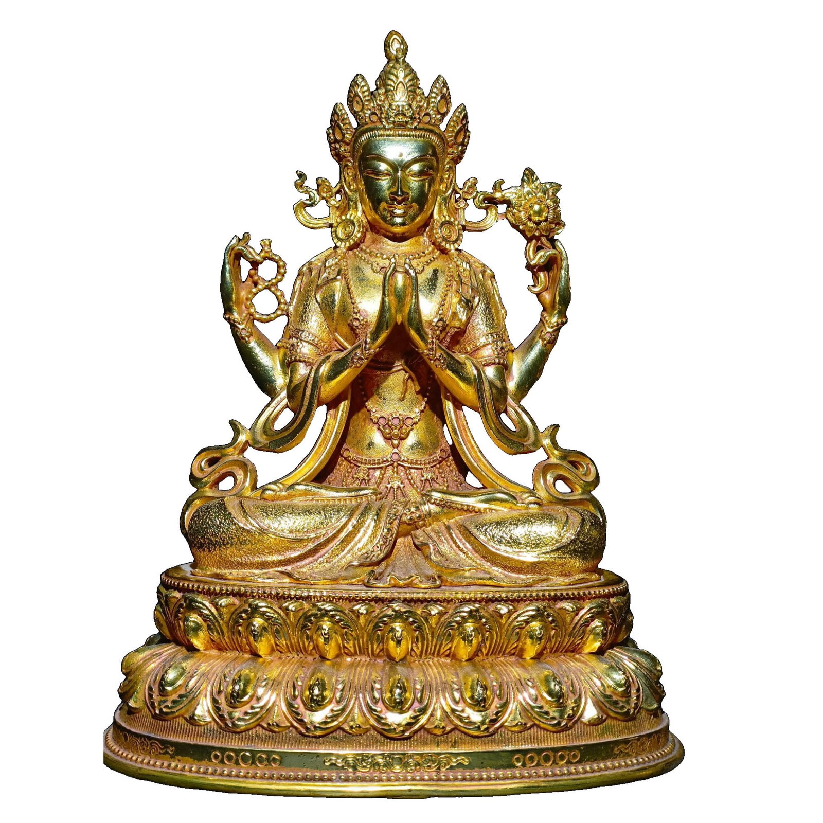 A Ming Dynasty gilt bronze four-armed Guanyin Bodhisattva figurine.e: This gilt copper repousse statue of the Four-Armed Avalokiteshvara showcases exquisite craftsmanship with intricate detailing, embodying the compassionate and solemn presence of the Bodhisattva. The