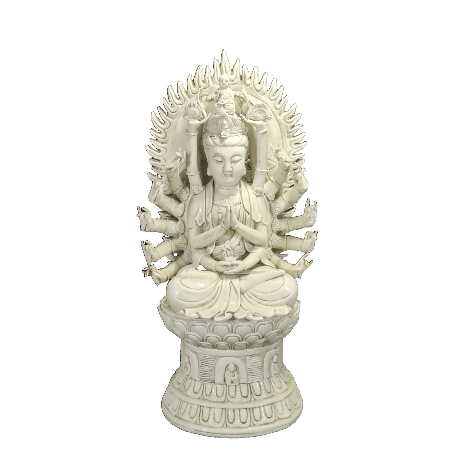 Ming Dynasty Dehua Kiln 'He Chaozong' Mark White Porcelain Glazed Thousand-Armed Guanyin: This Ming Dynasty Dehua kiln white porcelain Thousand-Armed Guanyin features a fine body and evenly applied glaze, showcasing the superb craftsmanship of Dehua kilns. Marked by He Chaozong, it holds