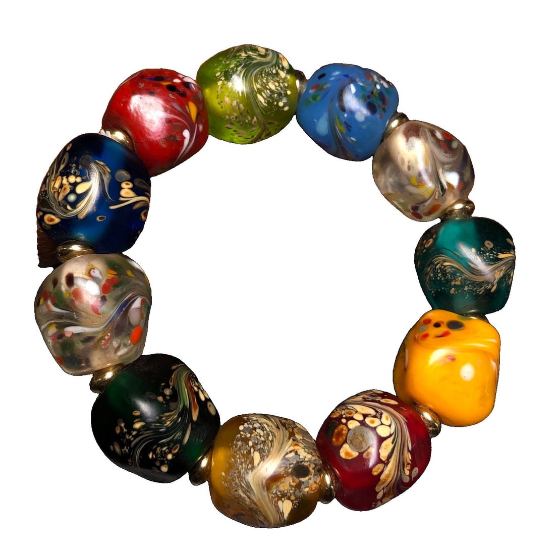 Old Glass Octagonal Phoenix Tail Bracelet: Glass has been exclusively used by royal courts since ancient times and is considered one of the 'Seven Treasures of Buddhism', believed to ward off evil. Made from colored artificial crystal, its