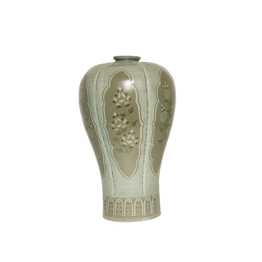 Goryeo Imperial Celadon Vase with Seasonal Flowers: This Goryeo celadon vase features a lustrous glaze and exquisite seasonal flower motifs, showcasing the exceptional craftsmanship of imperial ceramics from the Goryeo period. The vase's proportions