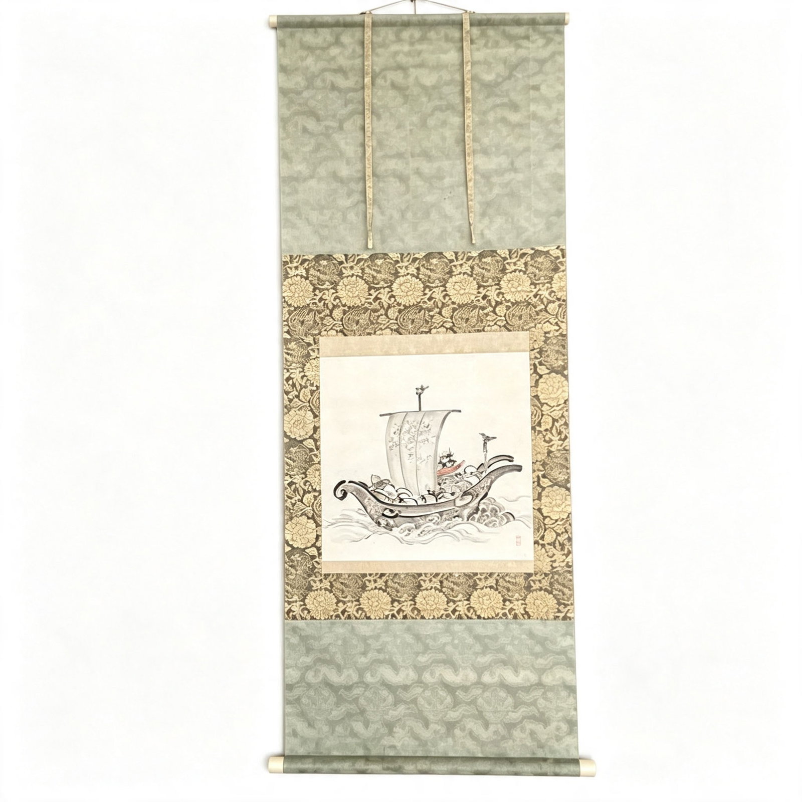 Color on paper hanging scroll, "Treasure Ship" (Takarabune no Zu), attributed to Yamashita Seijo.: This is a Japanese painting by Watanabe Kazan, with the theme of a landscape and seascape featuring a treasure ship. The format is a hanging scroll on paper, with high-quality roller ends. The primary