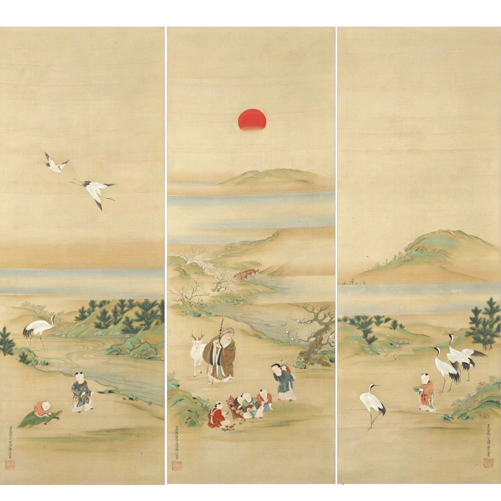 Tosa no Kami Fujiwara Mitsusada Brushwork, Hand-Painted Nihonga, Hanging Scrolls, Set of Three,: Tosa no Kami Fujiwara Mitsusada Brushwork, Hand-Painted Nihonga Hanging Scrolls, Set of Three, with Original Box Height: Approximately 101.5 cm, Width: Approximately 35.5 cm. Frame Dimensions Height: 