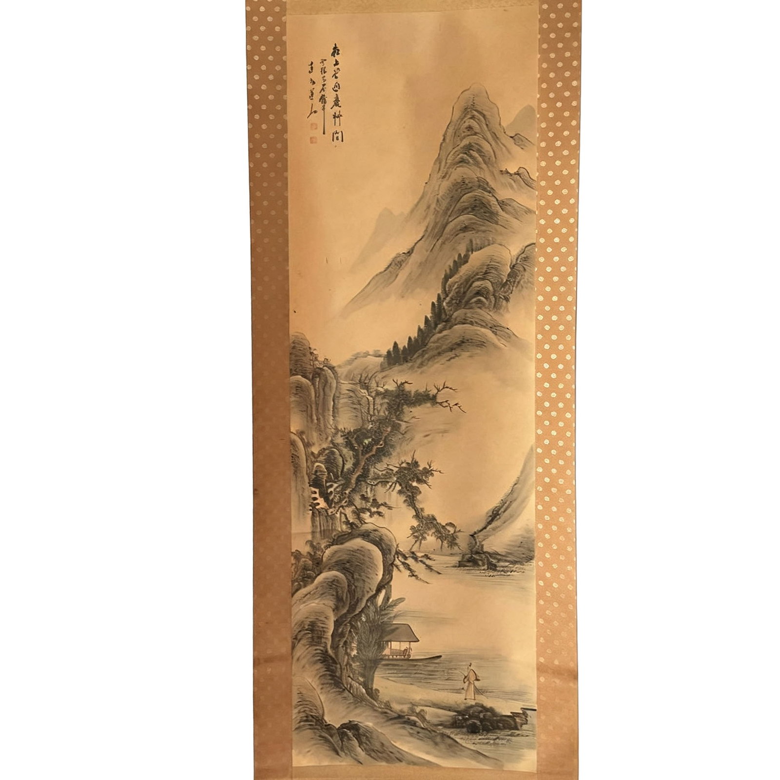 TANOMURA Chokunyu, Silk Painting of Landscapes, Scholar Viewing Mountain Scenery, with Box: This is a silk-mounted color landscape painting by Tannomura Chikuden, titled "A Scholar Viewing the Mountain Scenery." The artist's seal and signature are present on the artwork. Tannomura Chikuden, 