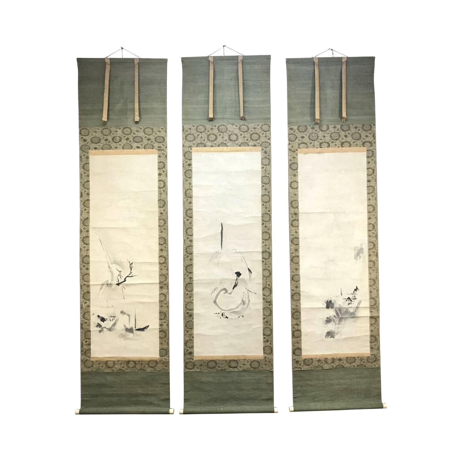 Authentic Work by Kano Naonobu: Shojurojin, Landscape, Set of Three, Figures, Seven Lucky Gods,: Authentic Work by Kano Naonobu: Jurojin, Landscape, Triptych, Figures, Seven Lucky Gods, Hanging Scroll Kano Naonobu, Birth and Death Years: 1607 - 1650, Period: Early Edo Period, Field: Japanese Pain