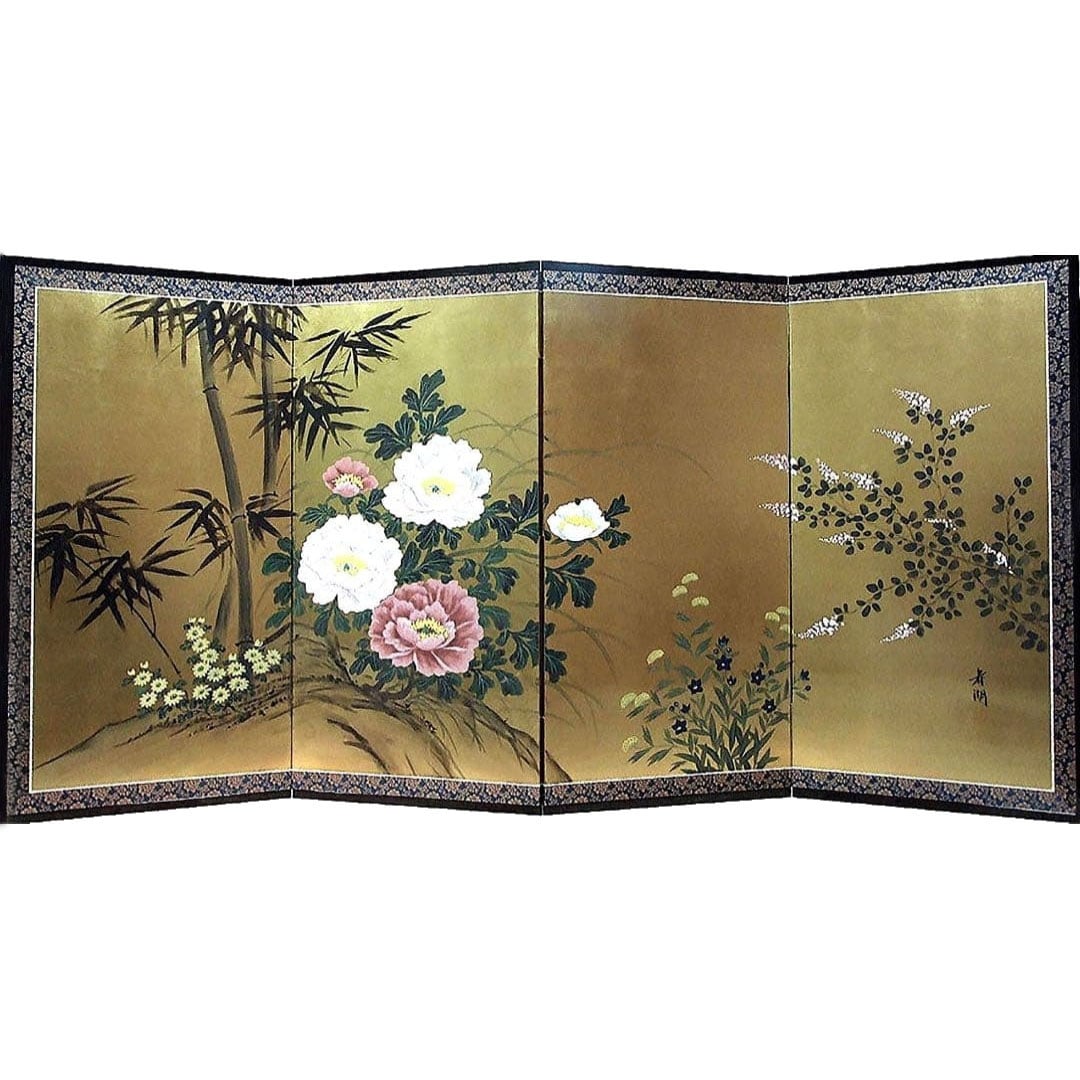 Four-panel folding screen, Nihonga (Japanese painting), gold leaf and color, bamboo with red and (1 of 14)