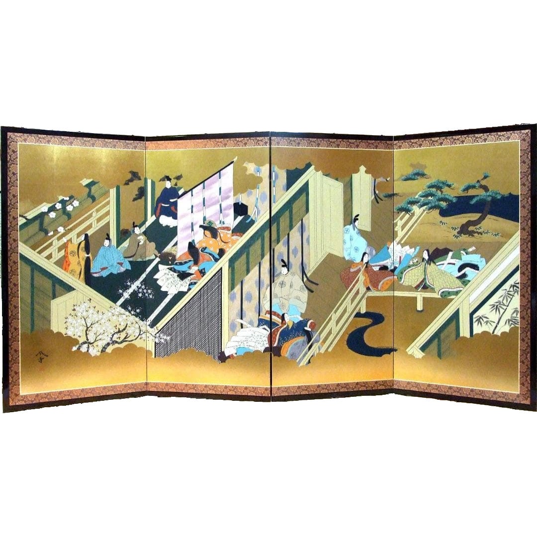 Wall-mounted Screen, Nihonga (Japanese Painting), Gold Leaf and Color, "Genji Monogatari Emaki" (The (1 of 14)