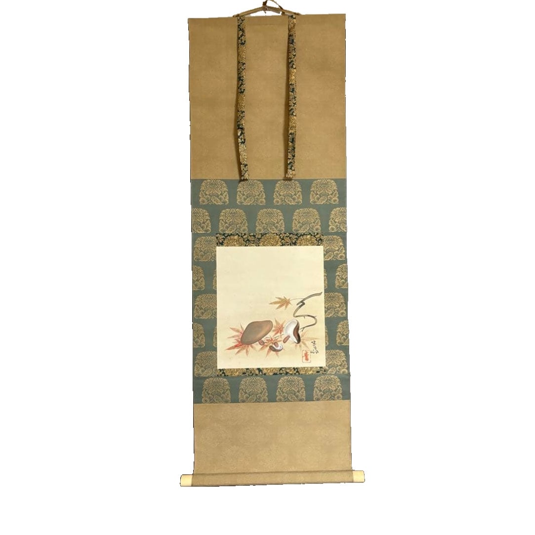 Maeda Seison, original hand-painted artwork, double box, Matsutake mushrooms, autumn fruits.: This is an original hand-painted work by Maeda Seison. It is mounted with a double box. The dimensions are 25cm x 28cm for the painting portion, and the entire hanging scroll measures 105cm x 35.5cm. 