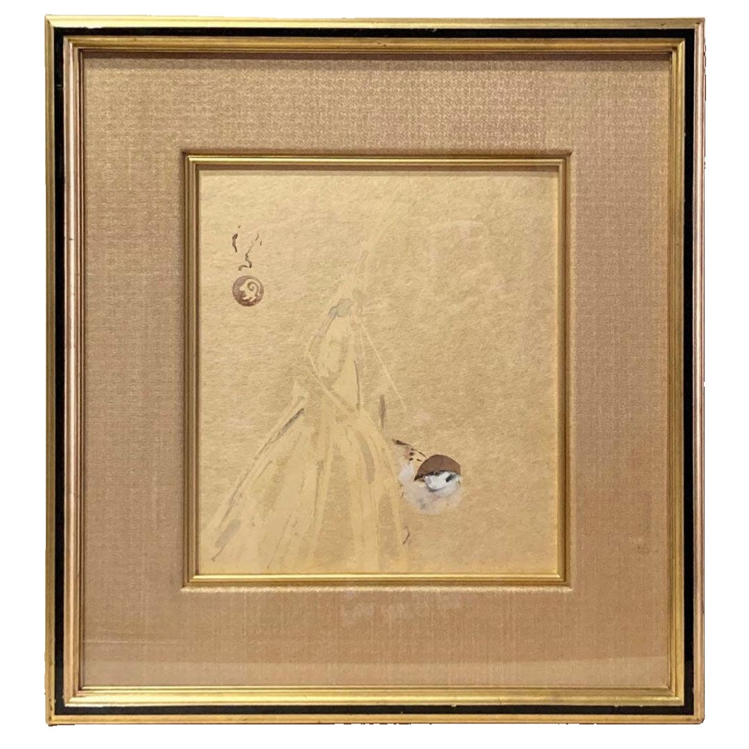 Kawabata Ryushi, "Inasuzume" (Sparrows in the Rice Field), framed Japanese painting. Signature and: Kawabata Ryushi, "Inasuzume" (Sparrows in the Rice Field), Framed Nihonga Painting, Signature and Seal, Master of Modern Japanese Painting Artwork dimensions: 27 x 24 cm. Frame dimensions: 45 x 42 cm.