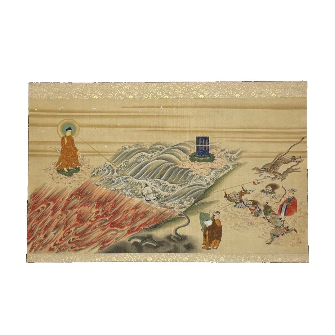 "Two Rivers and White Path" Edo Period, Mid-Period Silk, 1 Scroll Jodo Sect Buddhist Art Buddhist: "Two Rivers and White Path" Painting, Mid-Edo Period, Silk, 1 Scroll, Jodo Sect, Buddhist Art, Buddhist Painting Overall dimensions of the hanging scroll are approximately 131x79.5 cm, with the main p