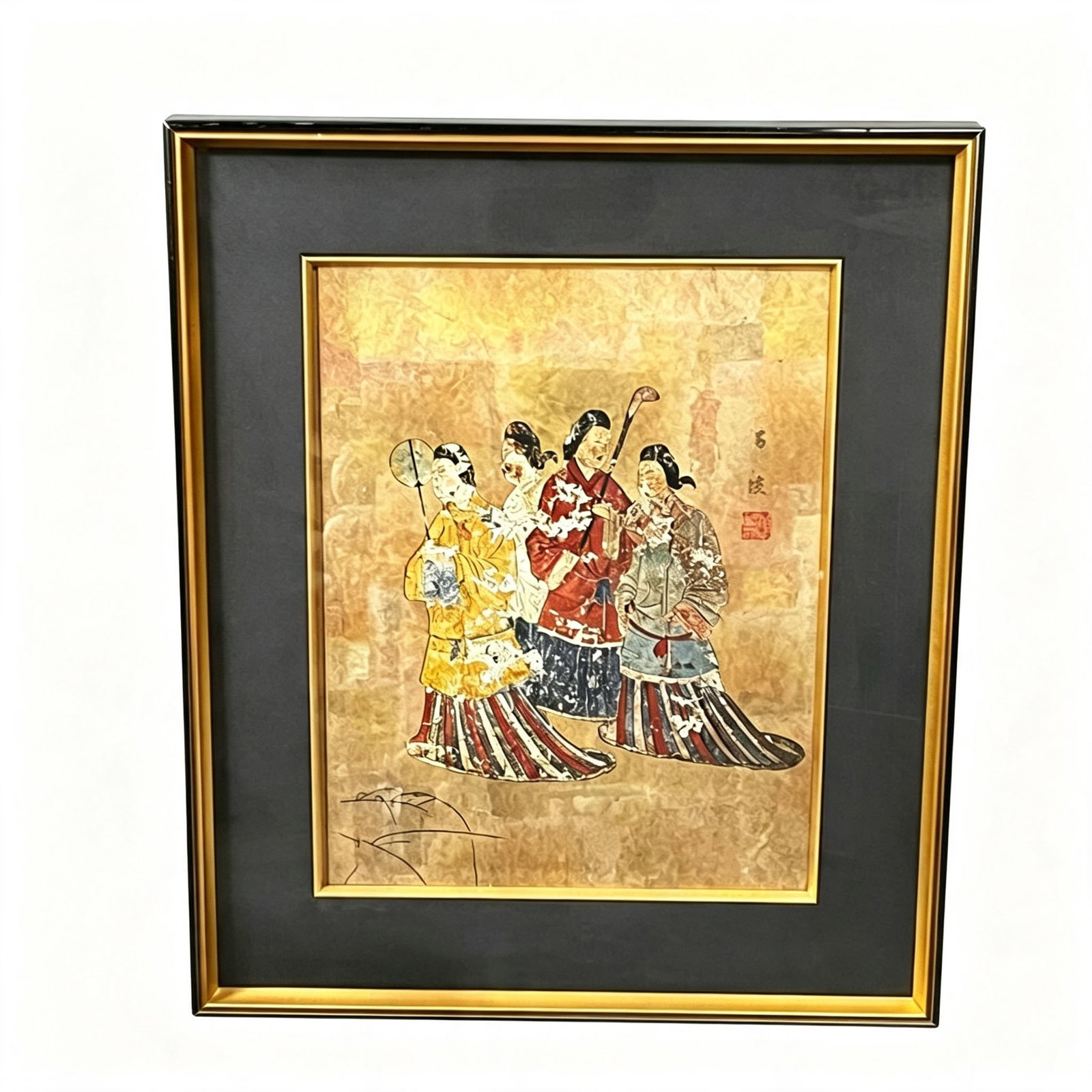 Replica of the Takamatsuzuka Kofun Mural, Framed: Reproduction Painting of the Takamatsuzuka Kofun Mural, Framed Reproduction painting of the female figures on the west wall of the stone chamber of the Takamatsuzuka Kofun. The frame is damaged. There
