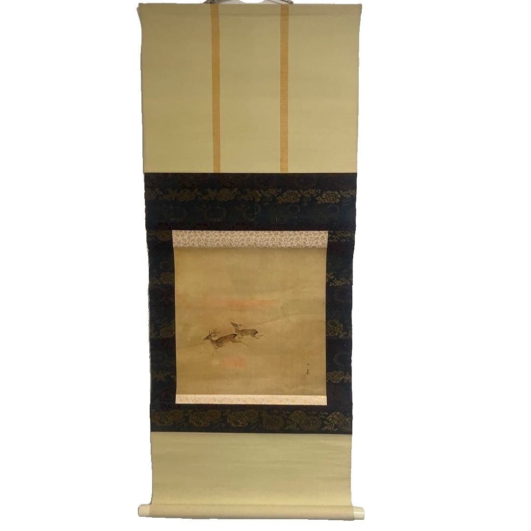 Hanging Scroll, Nihonga (Japanese Painting), "Deer" by Ichigaku, with Signature.: Hanging Scroll, Nihonga, "Deer Painting" by Ichigaku, with Signature This is a Japanese painting hanging scroll depicting two deer, characterized by delicate brushwork utilizing negative space. The th