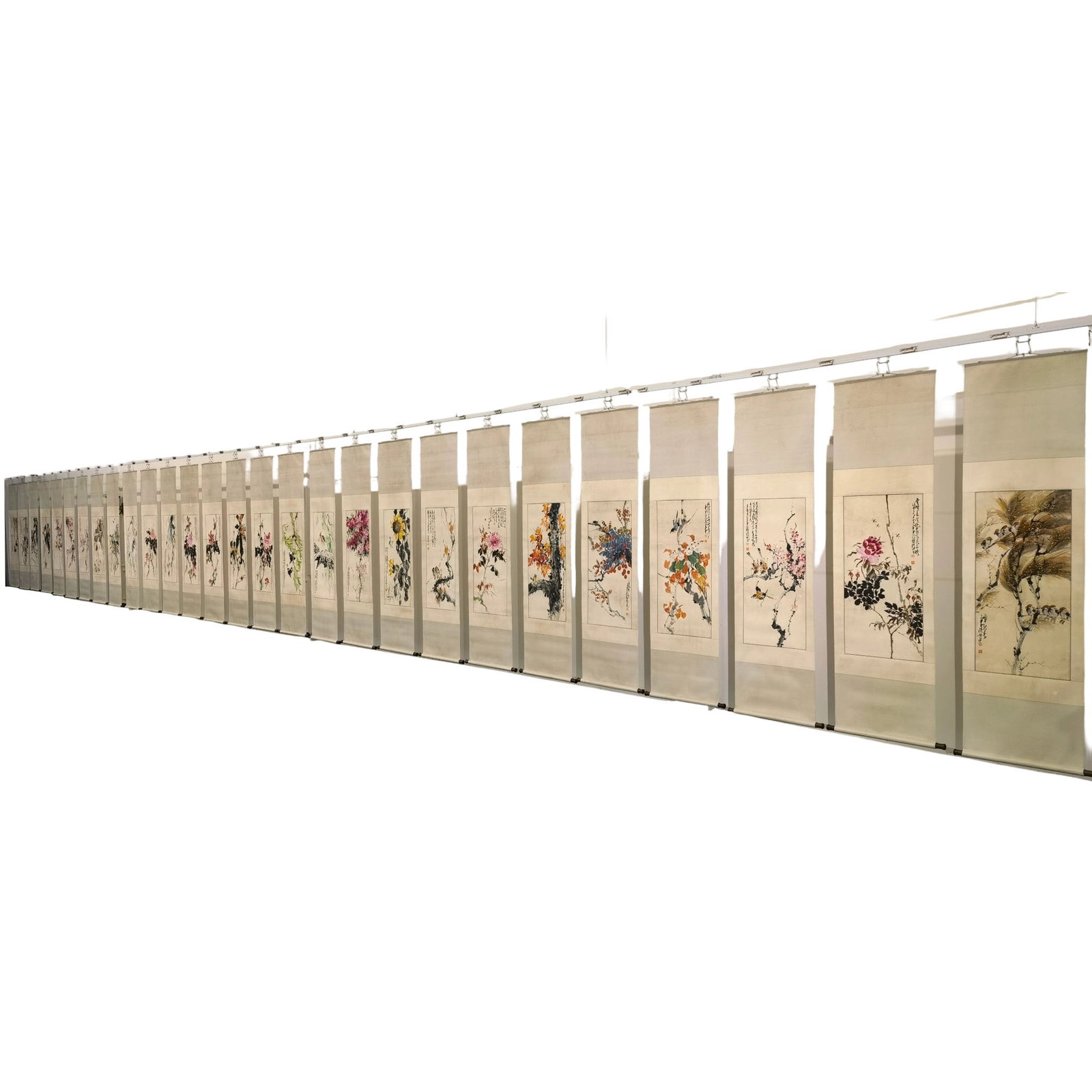 28 hanging scrolls of flowers and birds by Zhao Shaoang: Zhao Shao'ang, a renowned Chinese painter, excelled in bird and flower, landscape, and animal paintings, inheriting the Lingnan School tradition. This set of 28 hanging scrolls showcases his exception