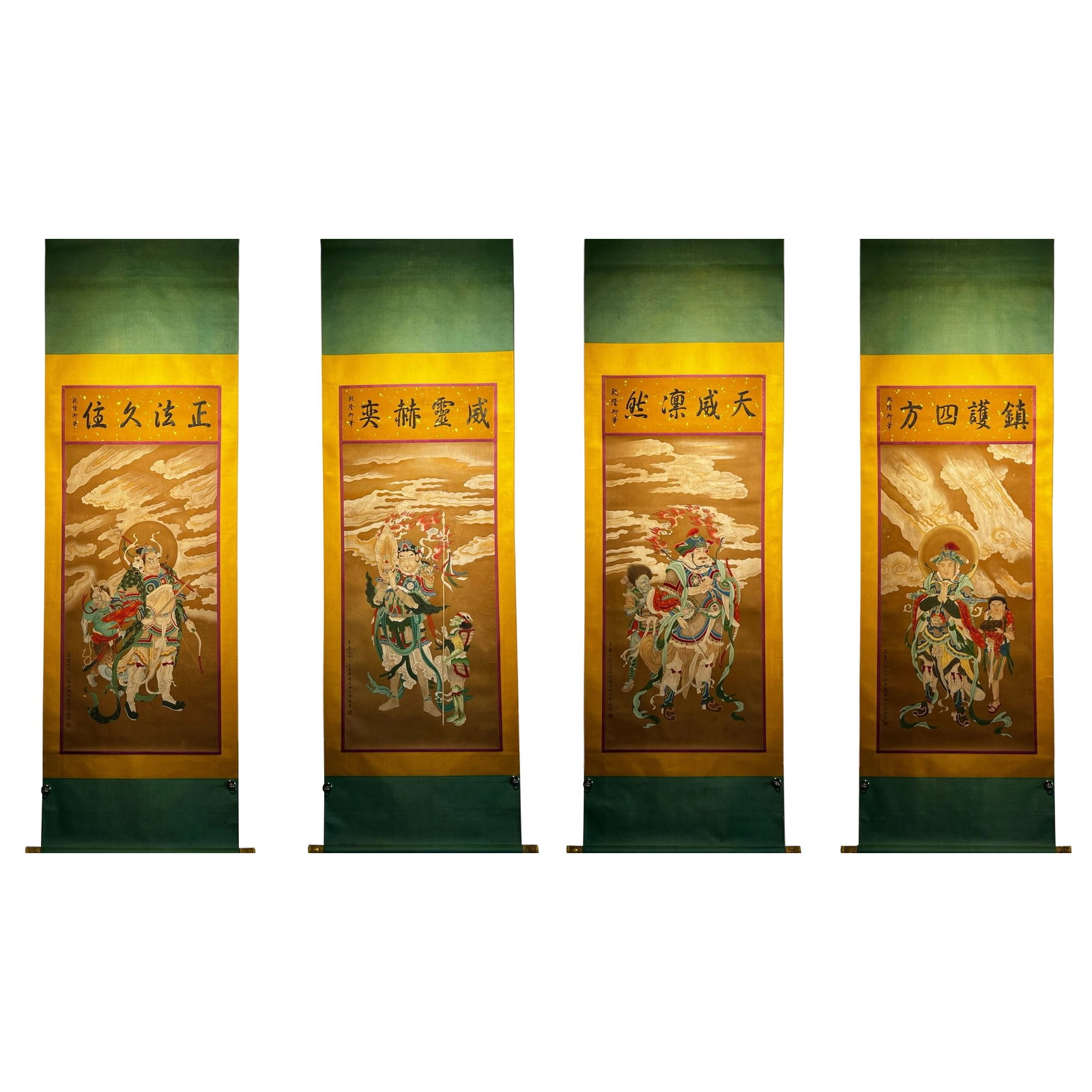 Yuan Dynasty Silk Scroll of Heavenly King: This silk scroll of the Heavenly King is a masterpiece by Zhao Mengfu, a renowned painter of the Yuan Dynasty, showcasing his exceptional painting skills and profound cultural heritage. Zhao Mengfu