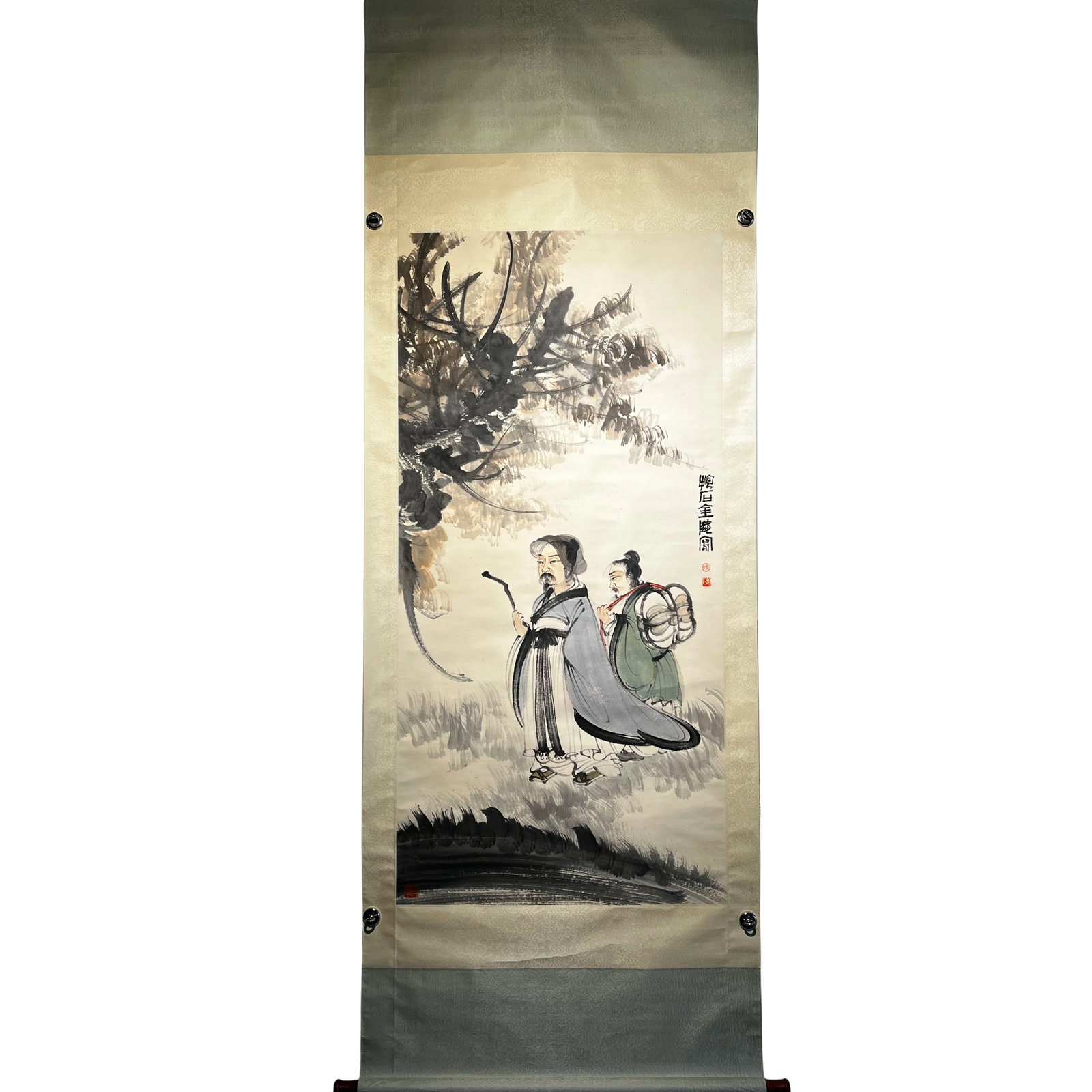 Modern Fu Baoshi Paper Scroll with Figure Painting: Fu Baoshi, a renowned modern Chinese painter, is celebrated for his unique 'New Landscape Painting' style. This paper scroll with figure painting showcases his profound skill in depicting figures, wit
