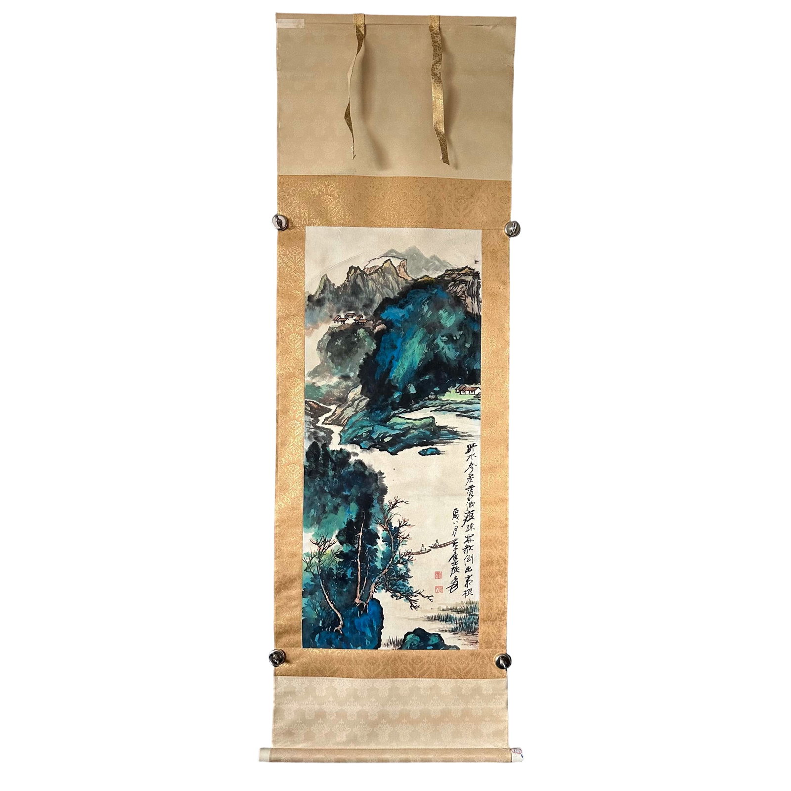 Zhang Daqian, Landscape and Recluse, Hanging Scroll: This piece by Zhang Daqian showcases his exceptional skill in landscape painting. The scholar is depicted amidst natural scenery, creating a profound atmosphere with exquisite brushwork. The old mount