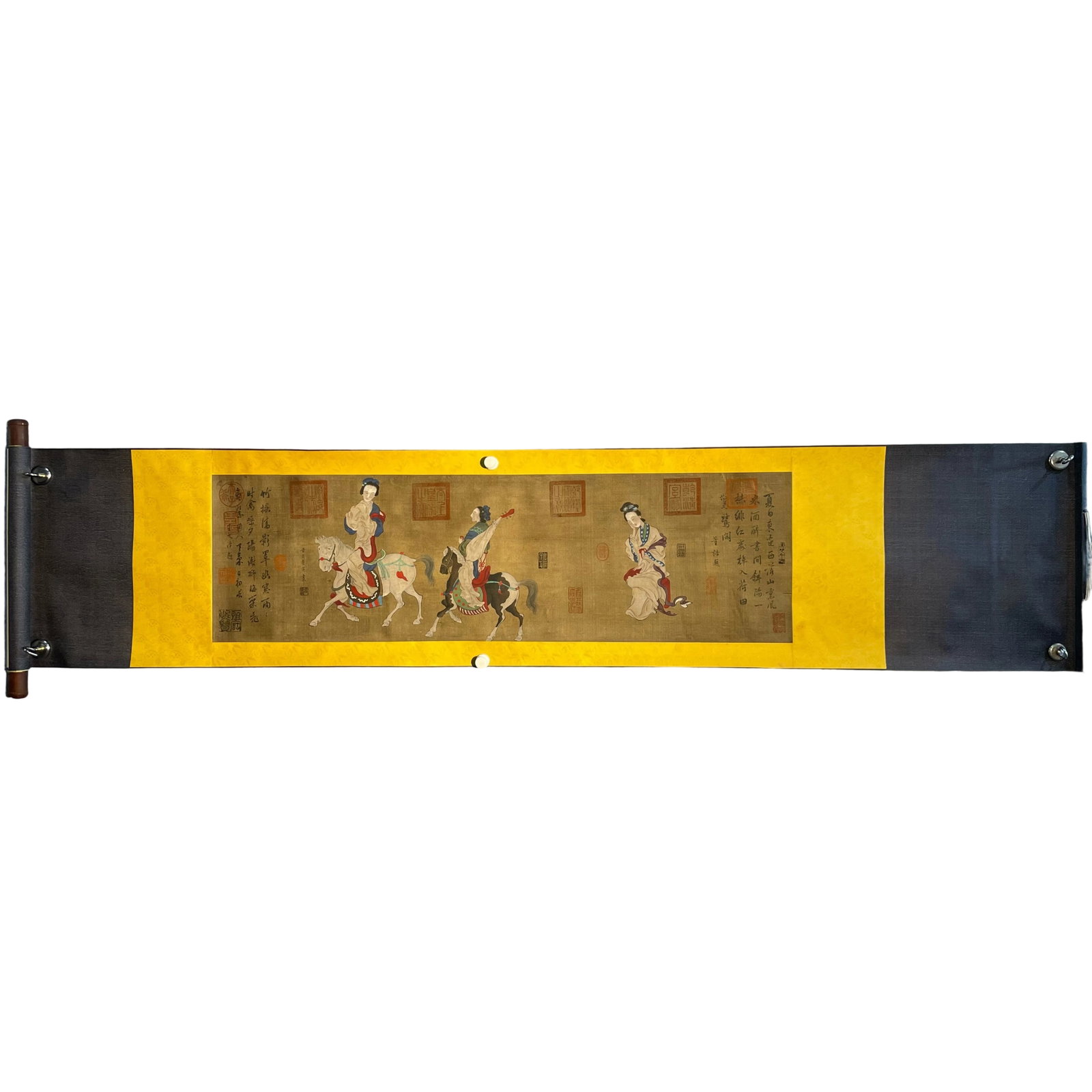 Ming Dynasty Tang Yin Hand-painted Silk Scroll: This silk scroll is hand-painted by the renowned Ming Dynasty artist Tang Yin, showcasing his exceptional skills in subjects such as figures, exotic horses, and animals. Tang Yin, also known as Bo Hu 