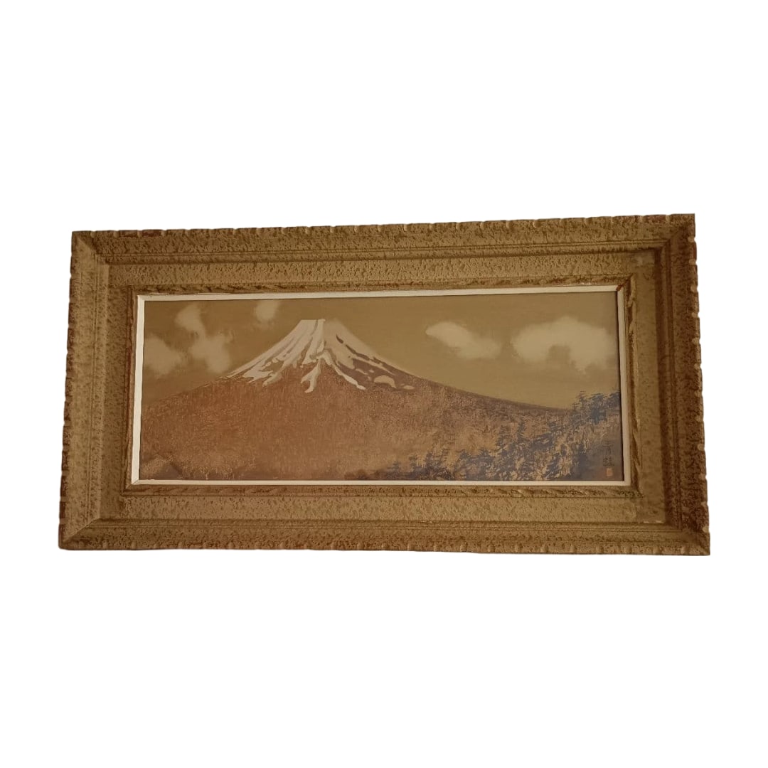 Japanese Painting "Fujisan" by Aoga: Japanese Painting of Mount Fuji, Framed Description This is a Japanese painting featuring Mount Fuji, depicted with a calm color palette that illustrates the mountain's form and the trees in the foreg