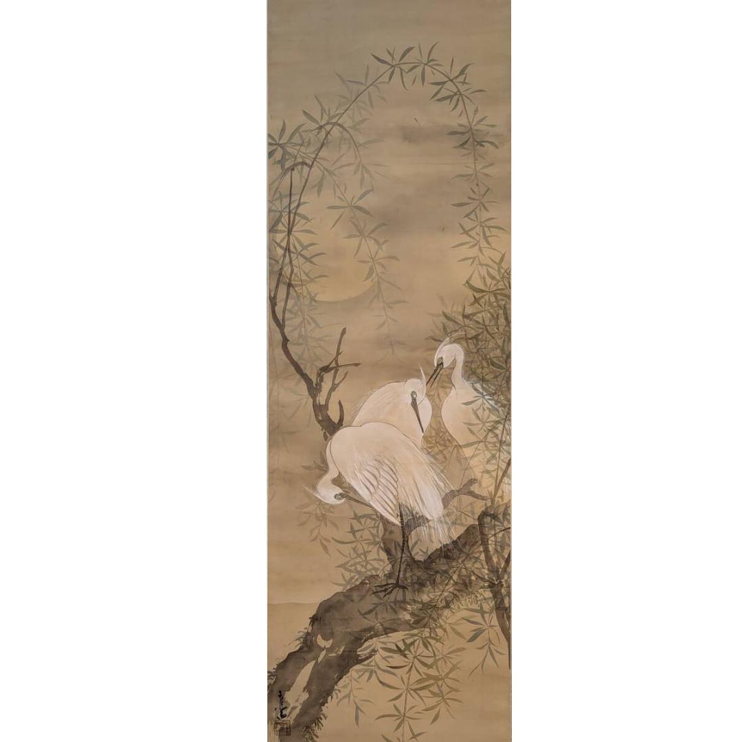 Yano Shou "Yanagi ni Shirasagi-zu" Hanging Scroll: Authentic Hanging Scroll by Node Shou "Willow and White Egret" Kachoga (Bird and Flower Painting) Three White Egrets "Willow and White Egret" Comes with a Fitted Box Node Shou (1847-1942) was a Nanga 
