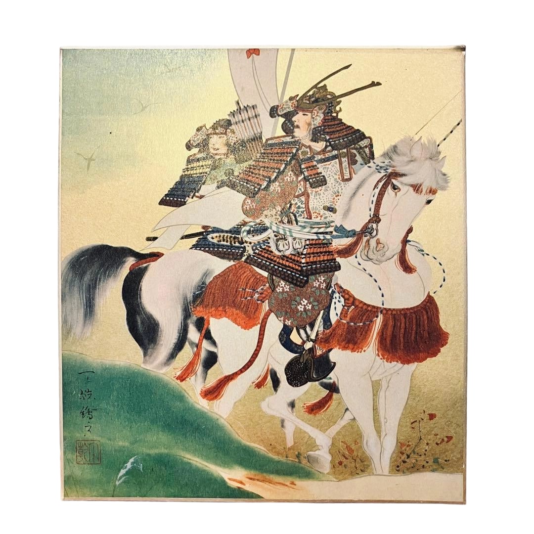 Craft Print: "Image of a Warrior on Horseback" (Gold Background Paper): Craft Print "Bajo Musha-zu" (Warrior on Horseback) (Gold Background Paper) with Damage on the Reverse This is a piece of colored paper depicting "Bajo Musha-zu" created using traditional Japanese pain